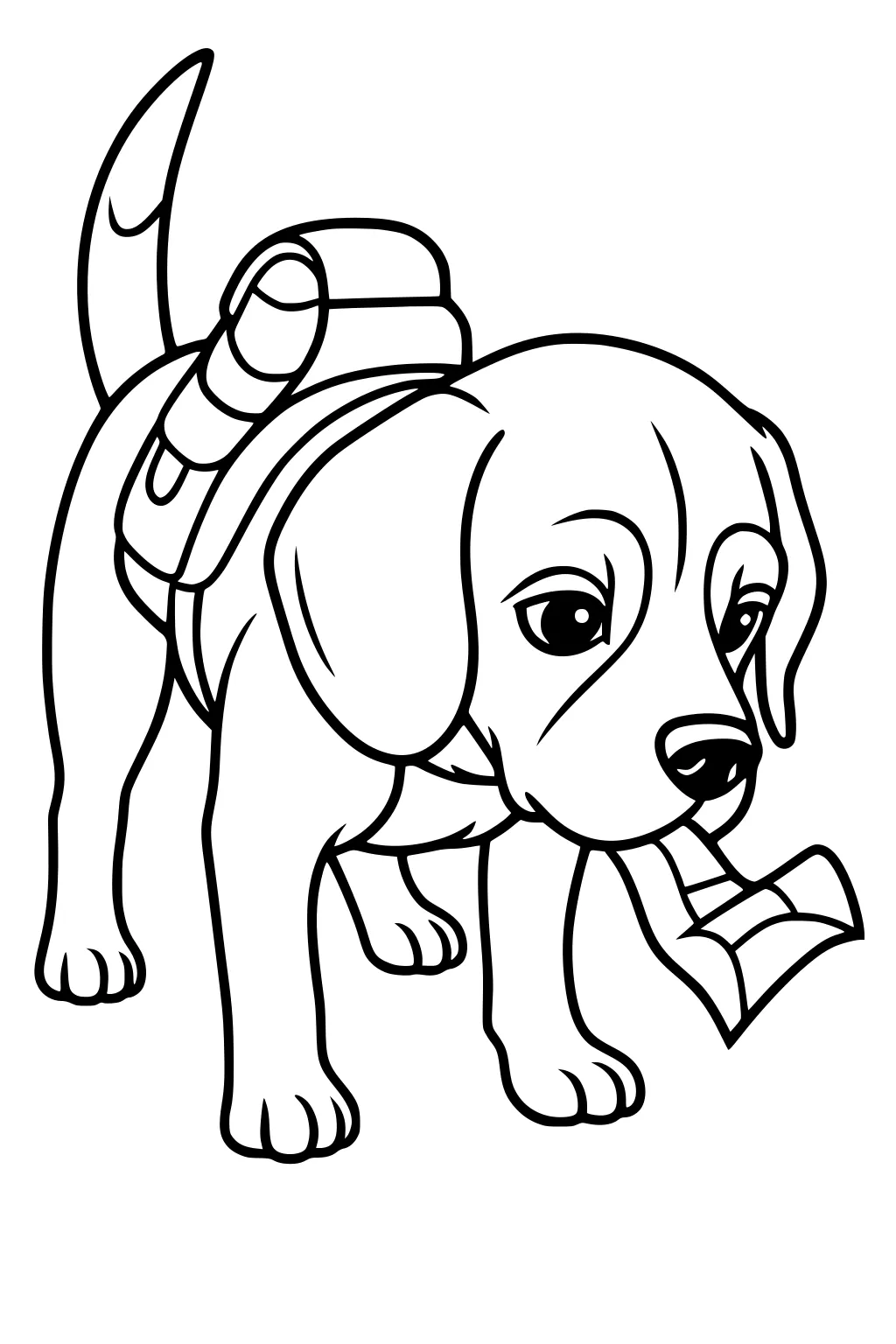 Cartoon puppy with backpack and map in mouth, standing and looking ahead.
