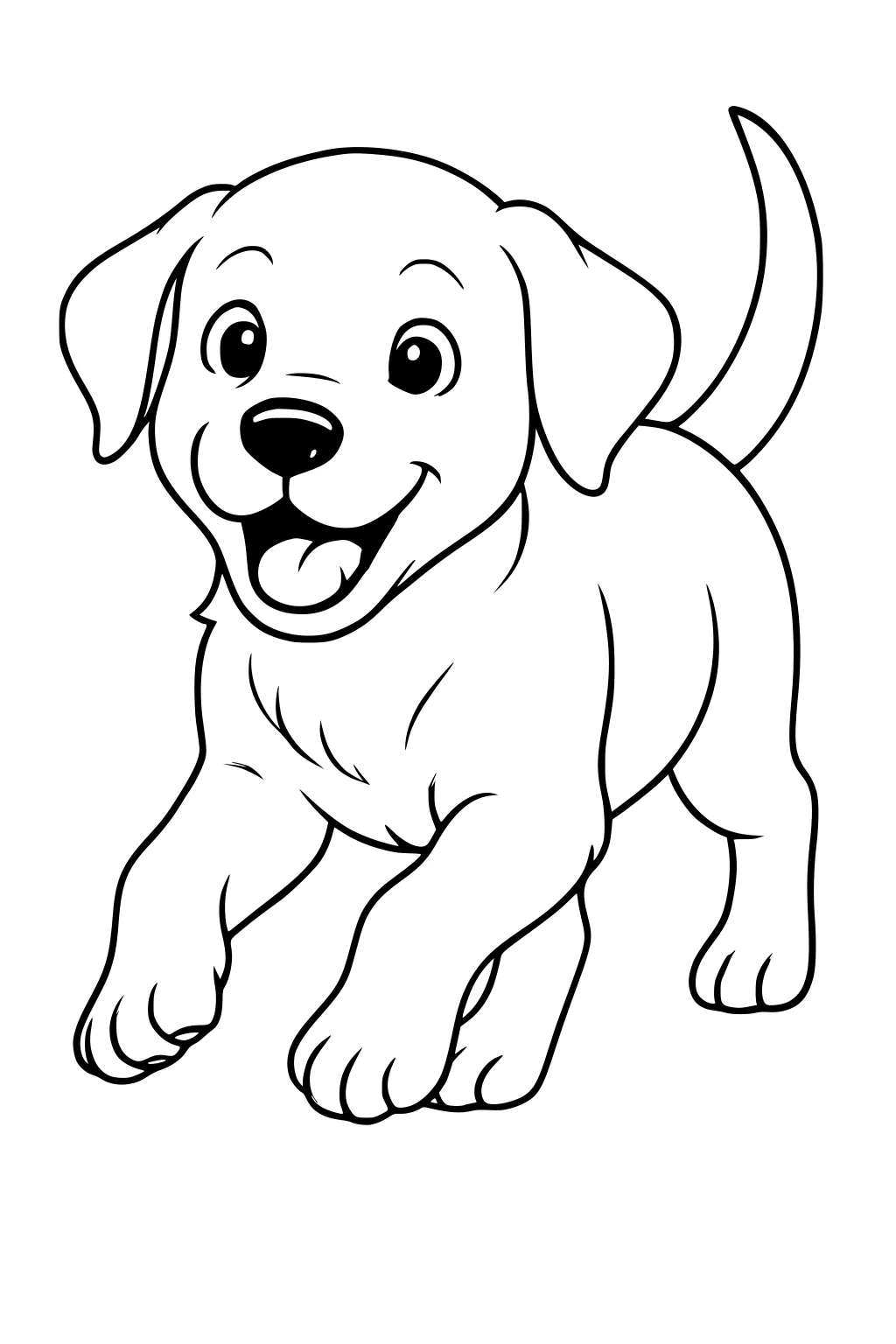 Cartoon puppy dog running with open mouth, perky ears, and wagging tail facing forward on a white background.