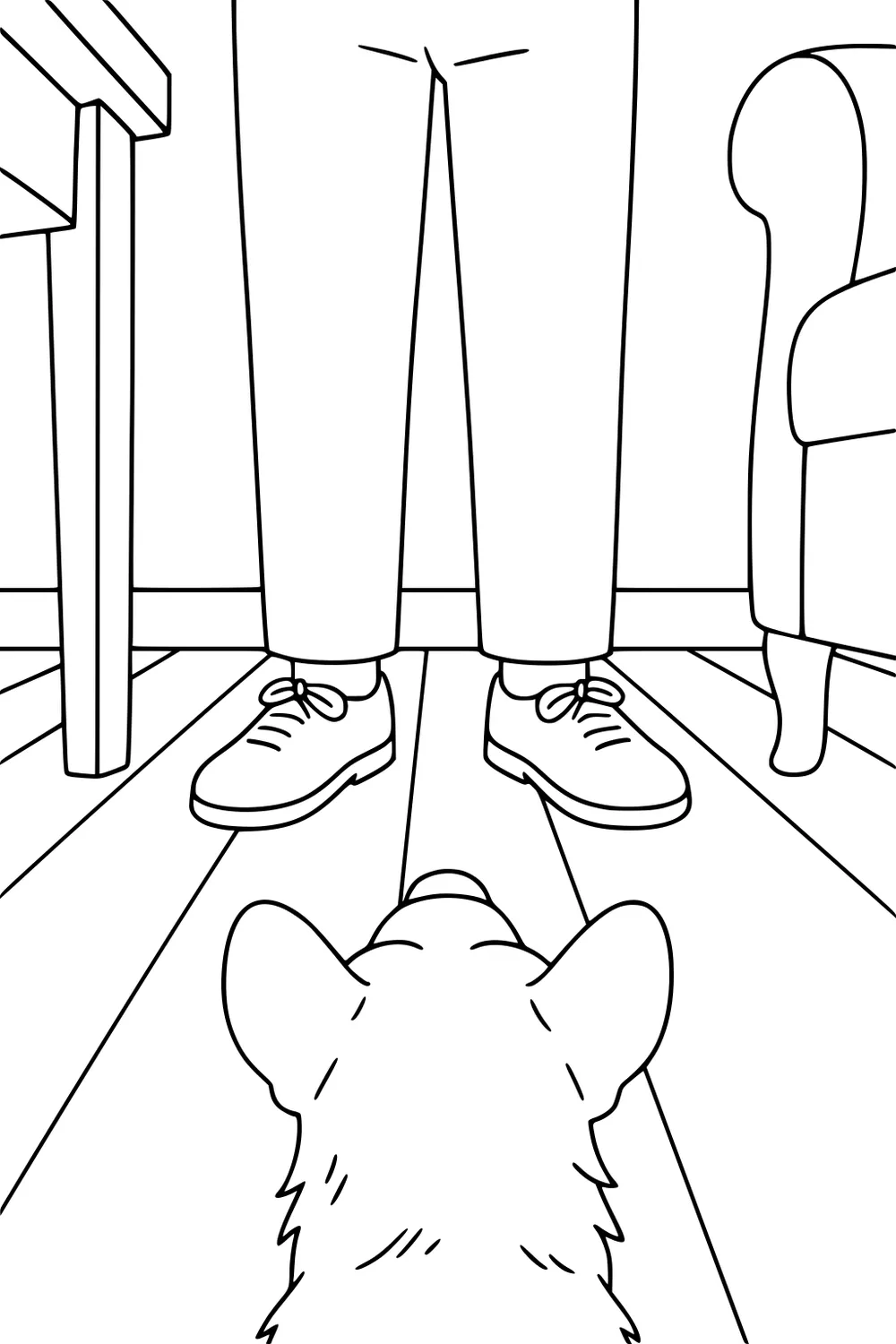 A dog sits on the floor looking up at a man’s feet. There is a table and armchair nearby on wooden floorboards.