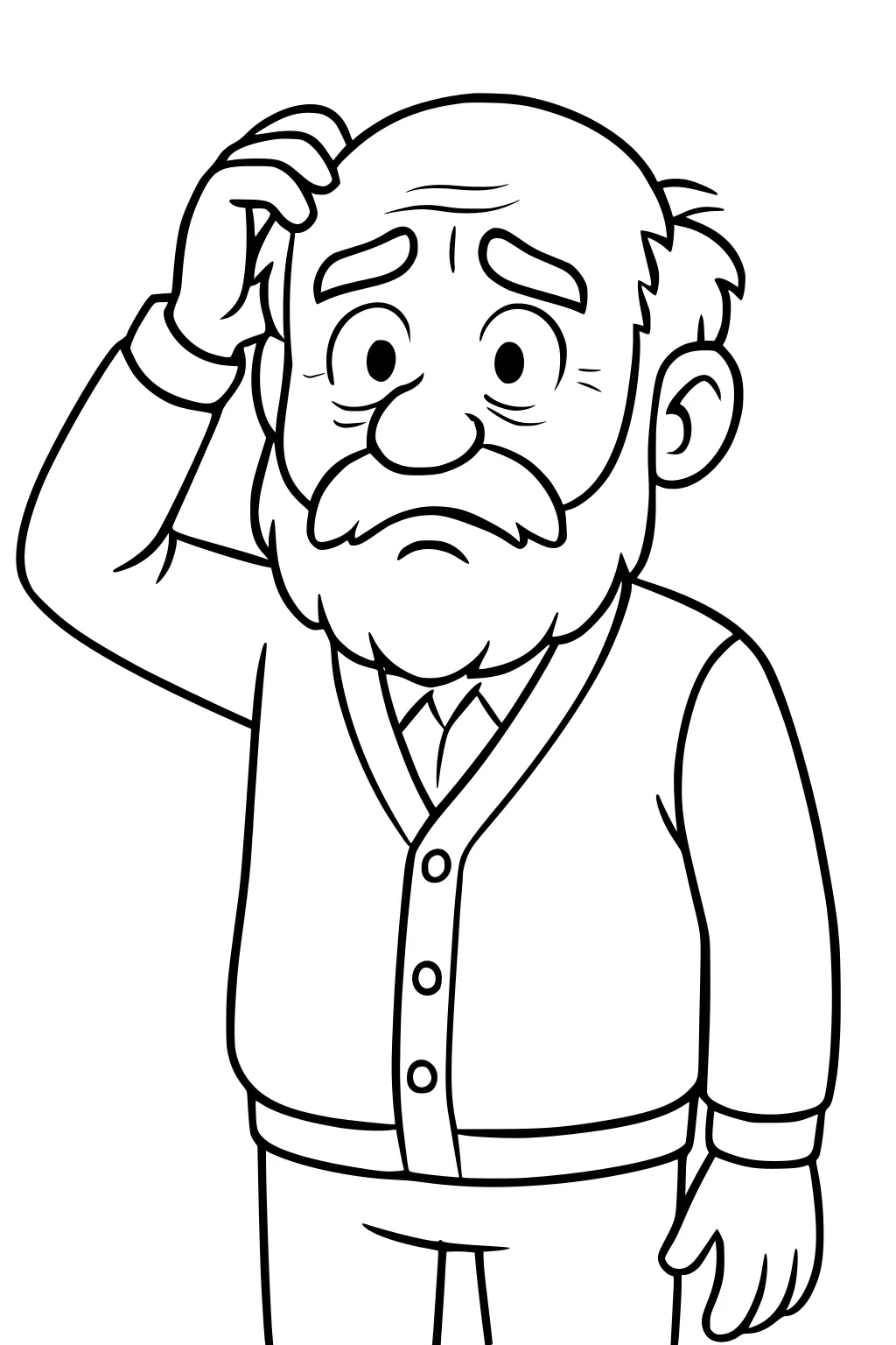 Cartoon grandpa scratching his head, puzzled, bald with mustache and beard, wearing a cardigan with buttons, shirt and tie.