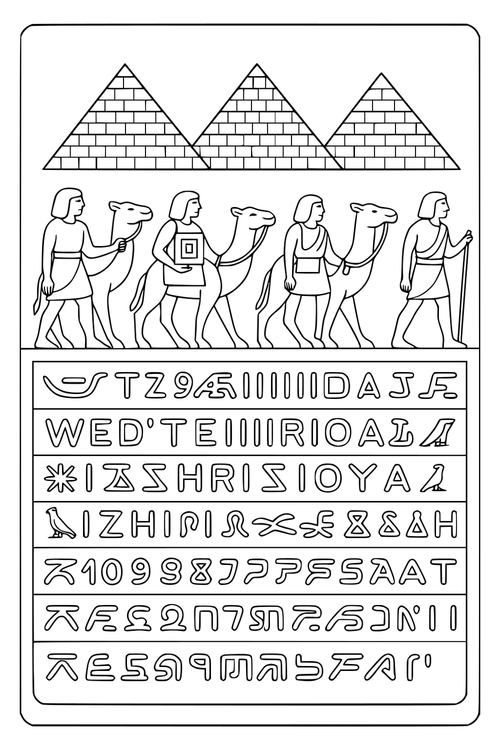 Four people walk three camels in front of pyramids, with rows of ancient symbols and letters underneath.