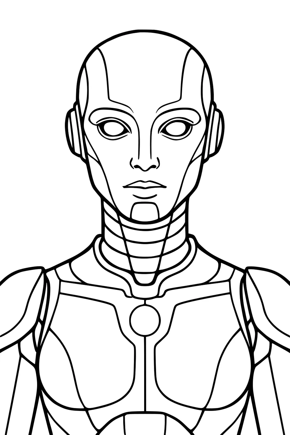 Front-view female android with blank eyes, segmented neck rings, shoulder armor, and a circular chest core in bold black outlines.