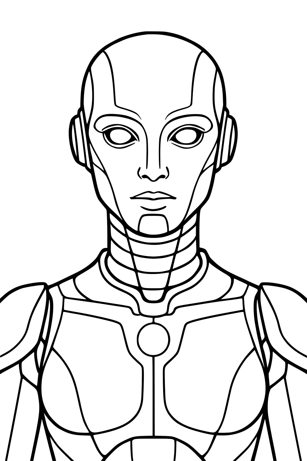 Front-view female android with blank eyes, segmented neck rings, shoulder armor, and a circular chest core in bold black outlines.