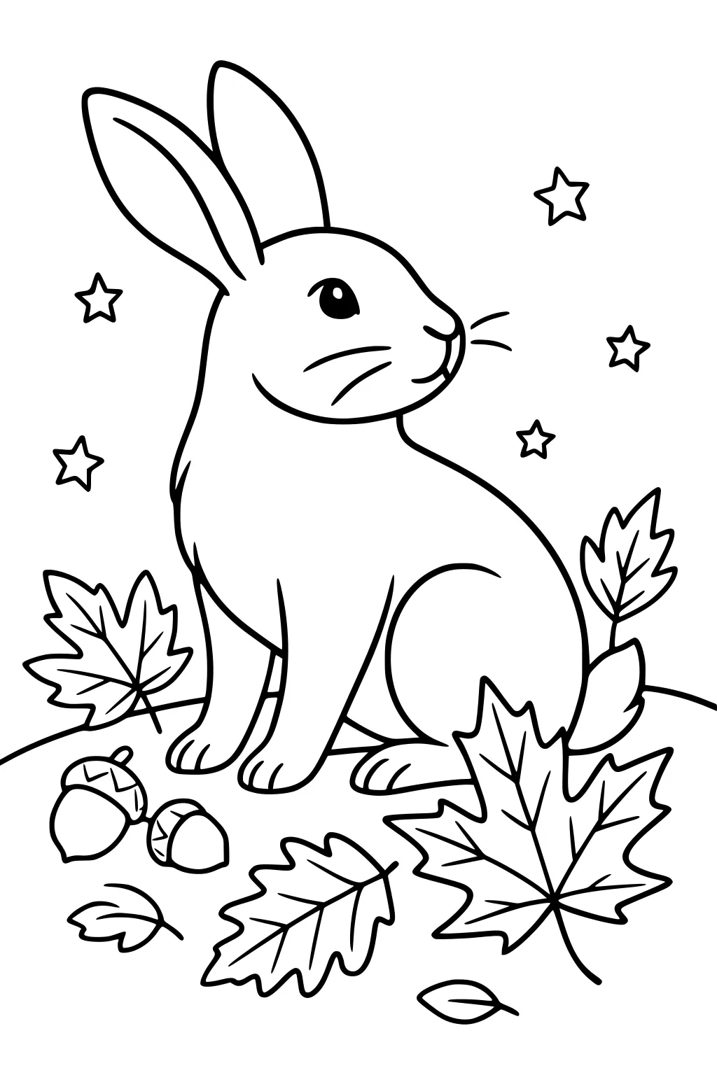 Rabbit sitting on a hill with acorns, maple leaves, and stars in the sky.