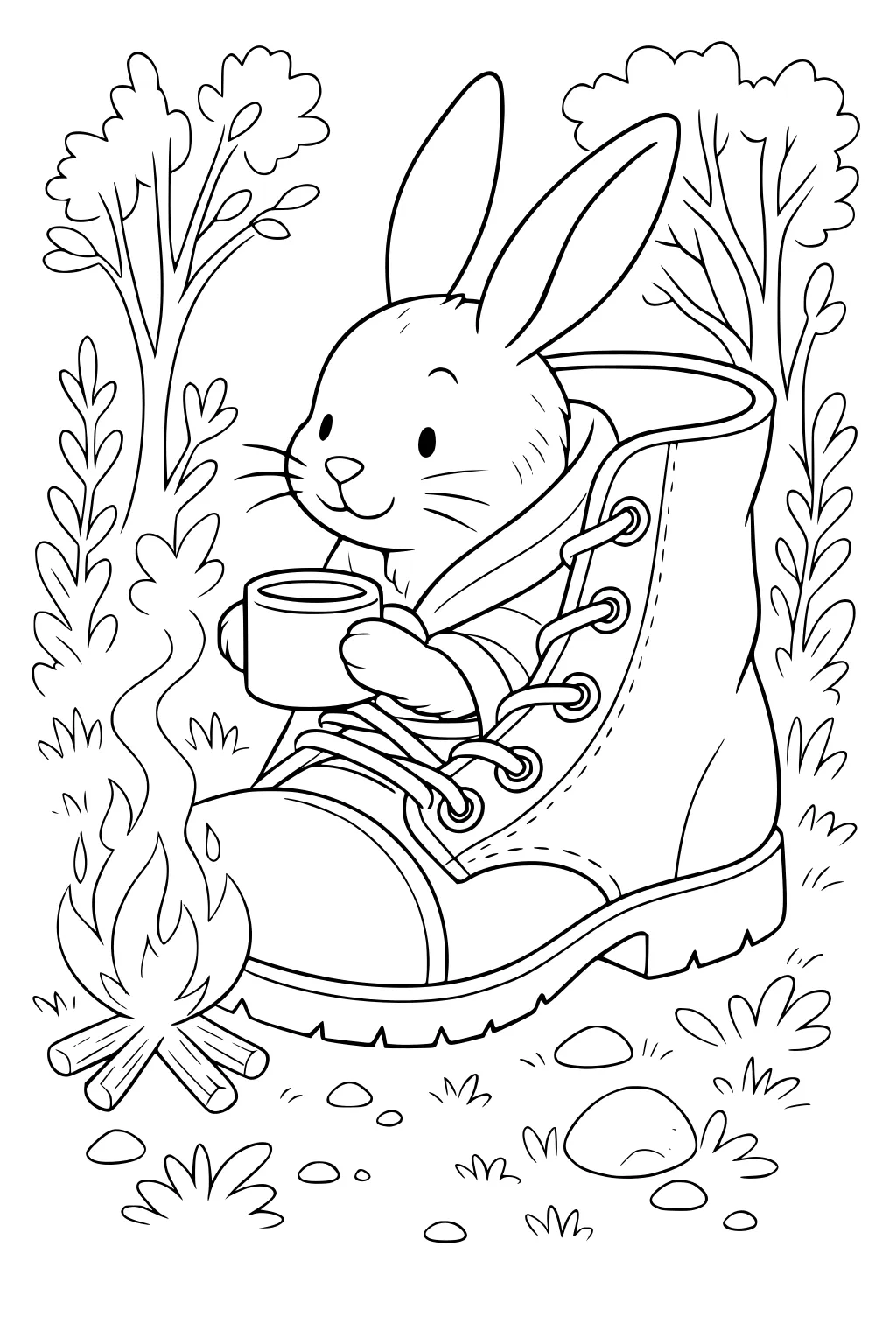 Rabbit inside a boot holding a mug by a campfire, surrounded by bushes, trees, and rocks in a forest clearing.