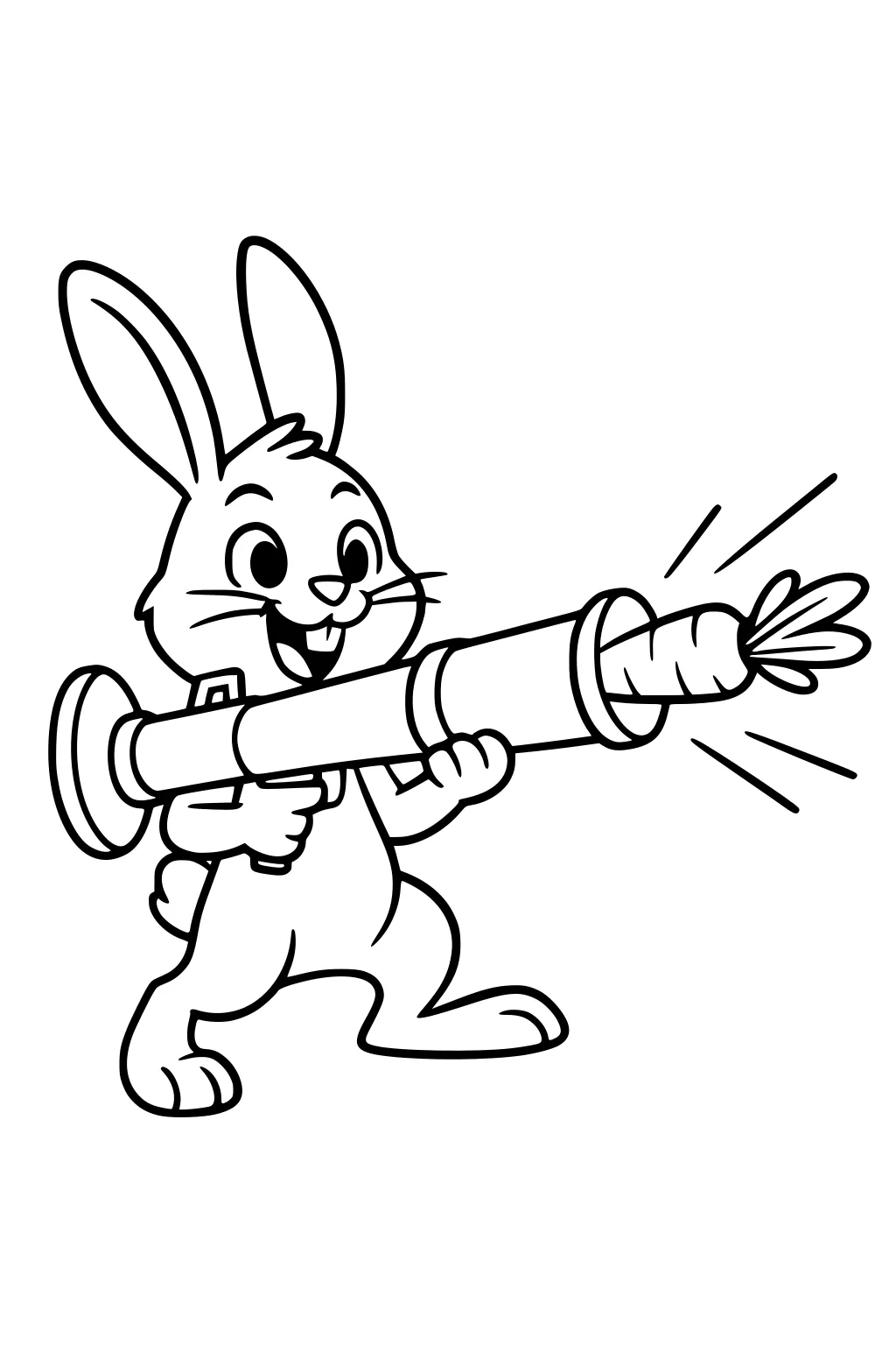 Cartoon rabbit holding a carrot blaster, smiling, with bursts lines showing the carrot flying out.