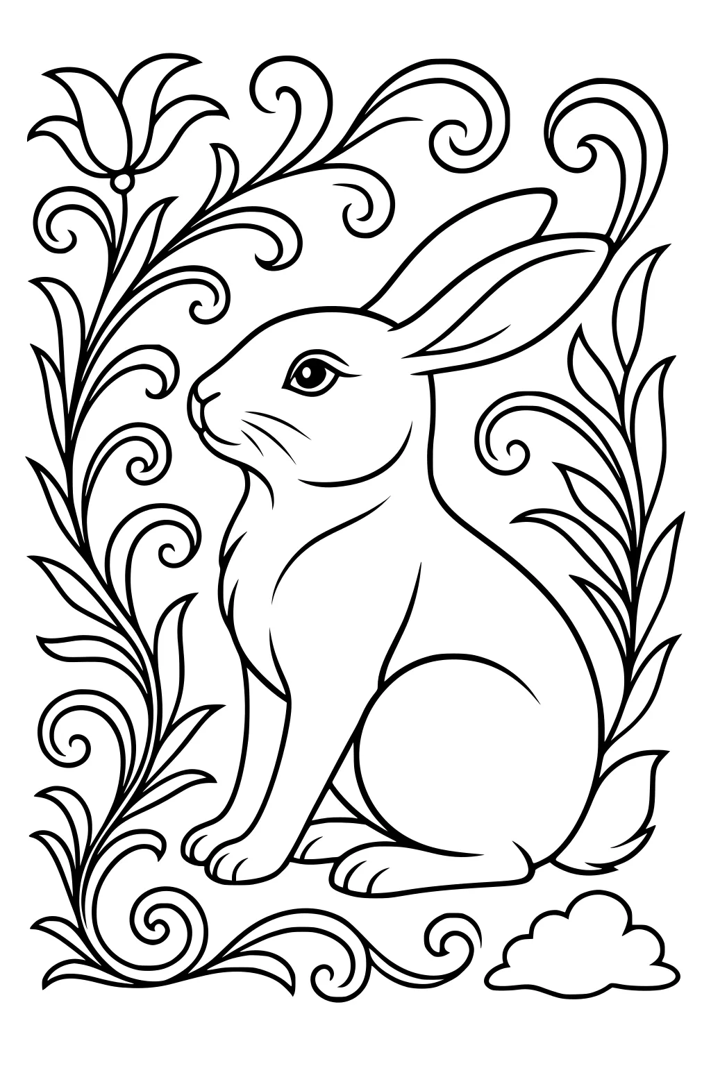 A rabbit sits among swirling leaves, a large flower, and a small cloud. The scene includes bold outlines and simple shapes.