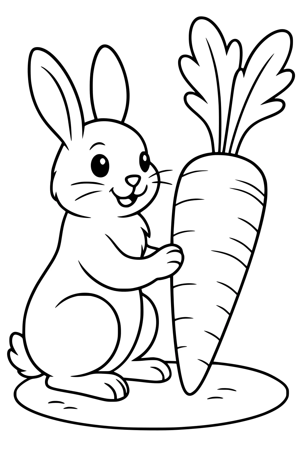 Happy rabbit sitting and holding a huge carrot with leafy top on a patch of ground.