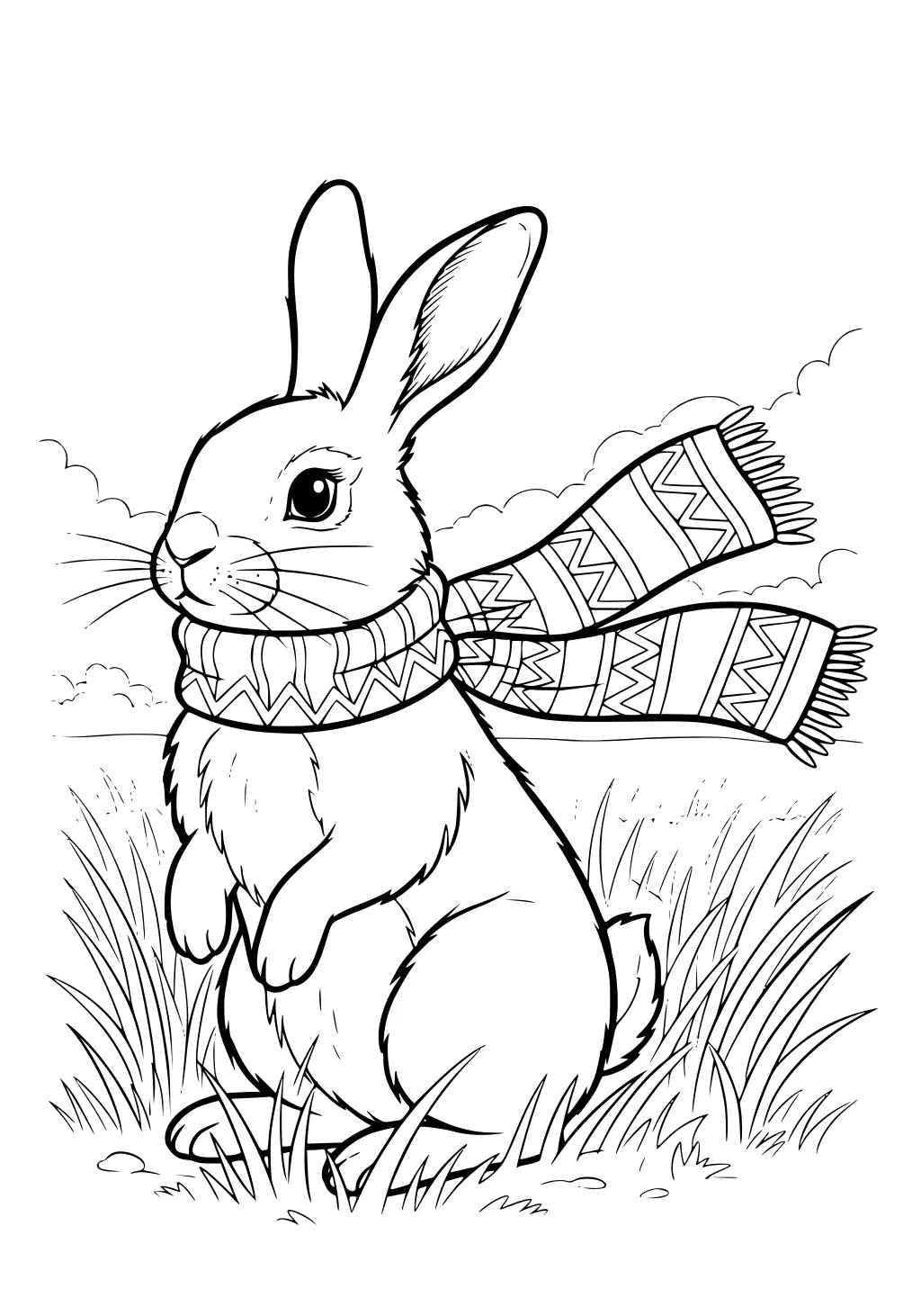 Rabbit sitting in tall grass with patterned scarf and clouds in the background.