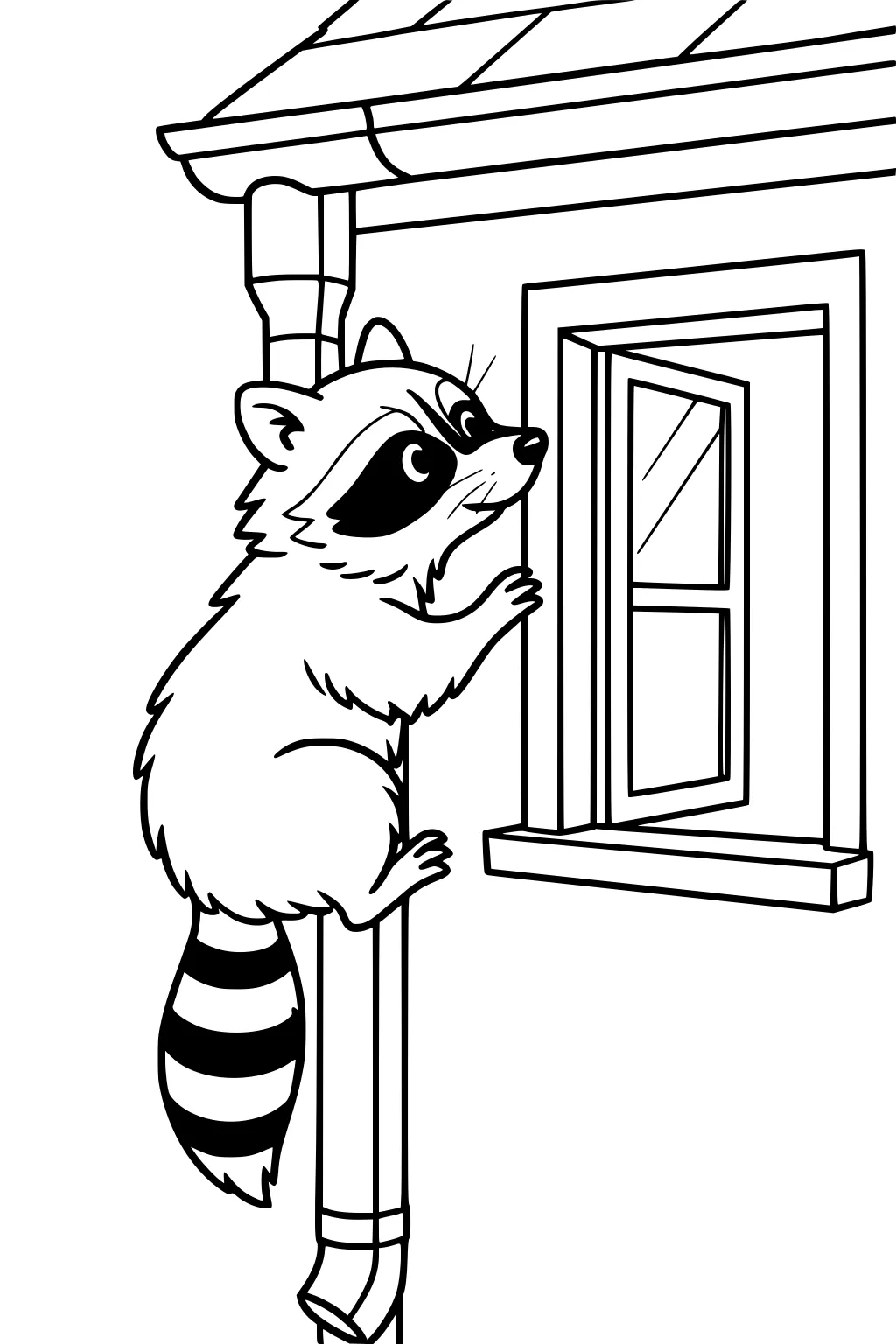 Cartoon raccoon climbing a drainpipe and looking at an open house window with striped tail visible.