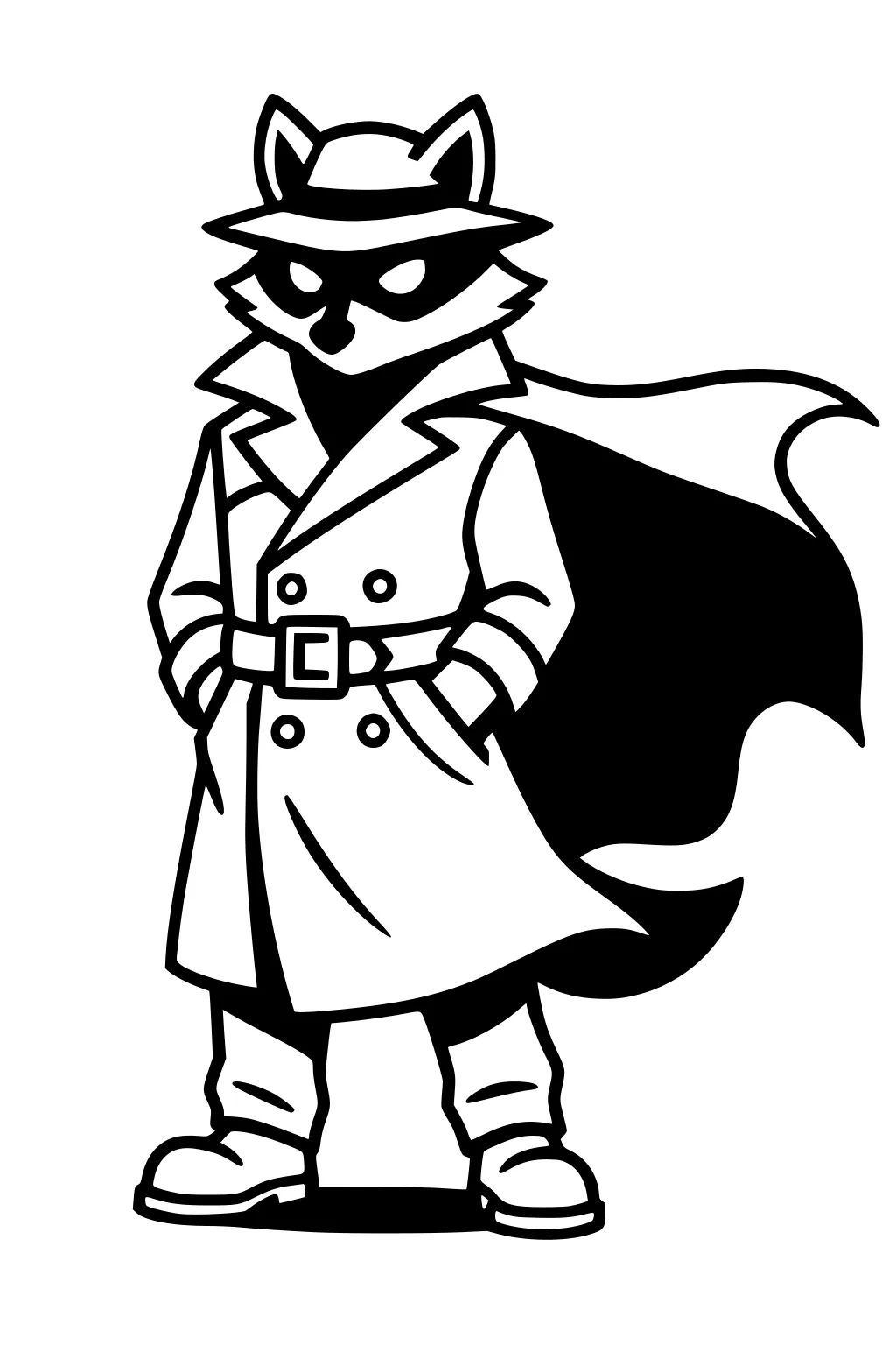 Raccoon in trench coat, wide belt, boots, mask, hat, and flowing cape, standing upright with paws in pockets.