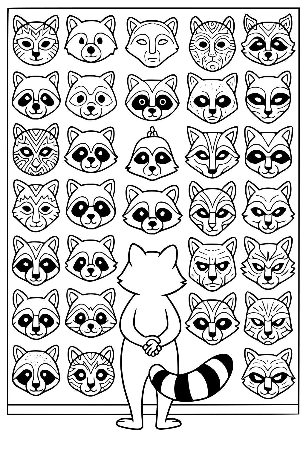 Raccoon looking at a wall of 25 raccoon faces and masks, each with different expressions and decorations.