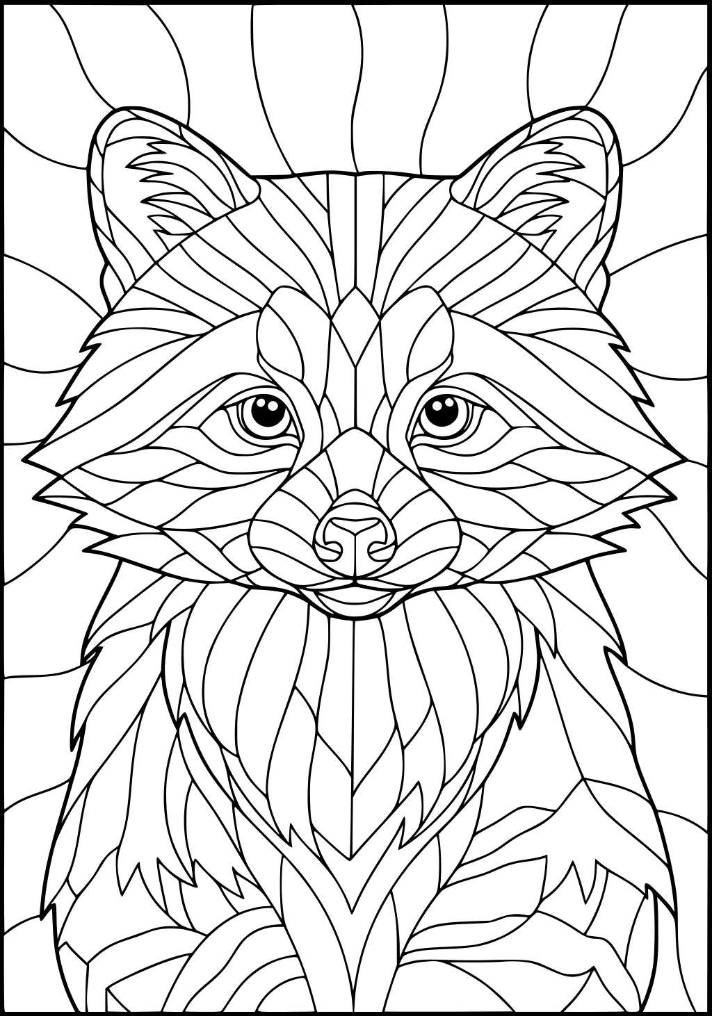 A raccoon with patterned fur and bold outlined shapes on its face, chest, and ears, set against a wavy background.
