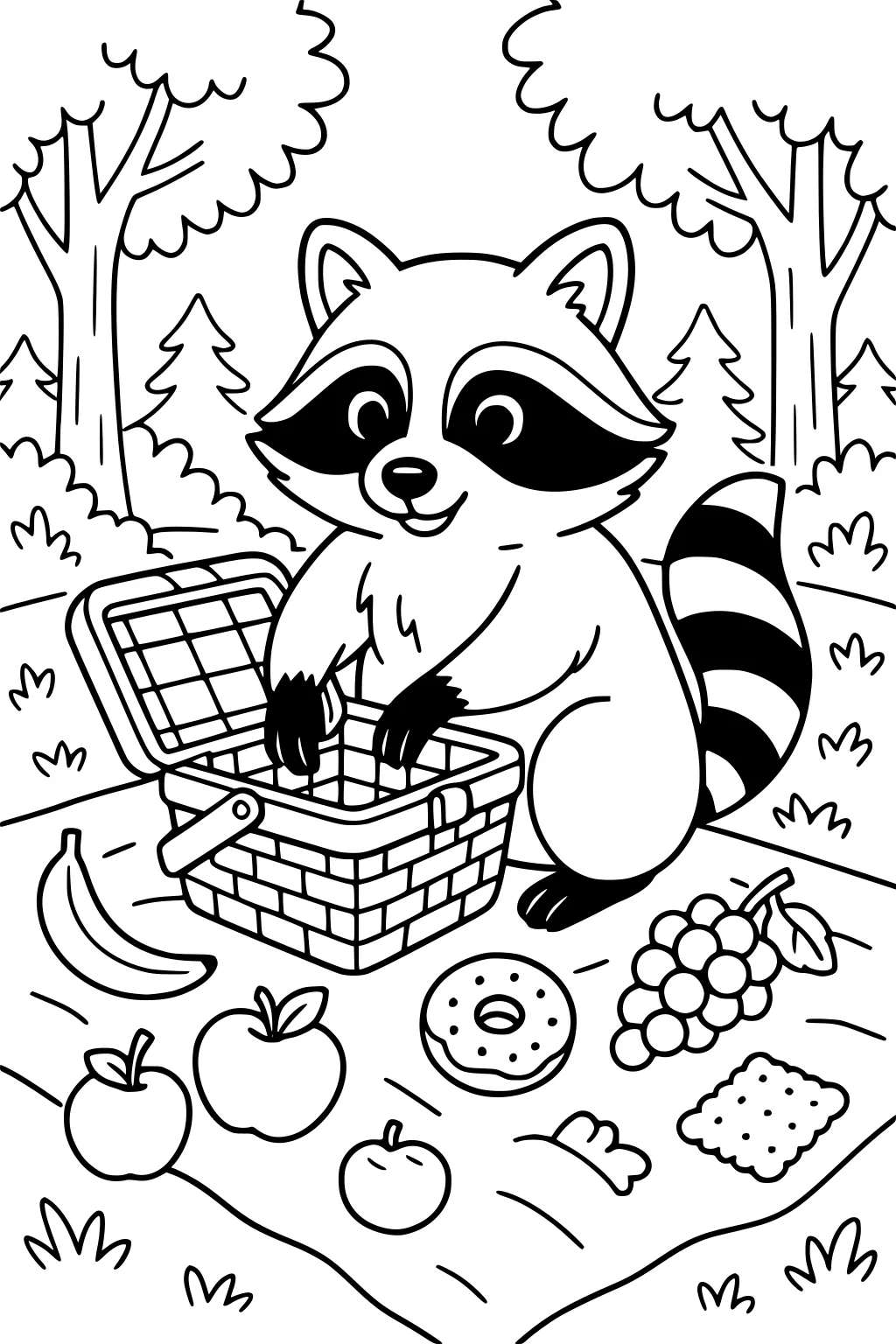 Raccoon with striped tail at picnic basket on blanket with fruit, donut, cracker, trees and bushes in background.