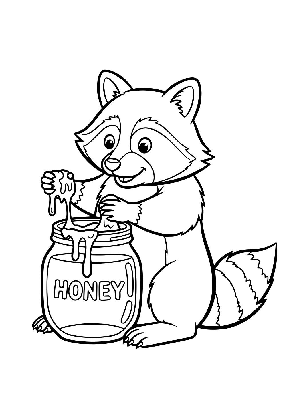 Smiling raccoon dipping paw in honey jar with honey dripping down
