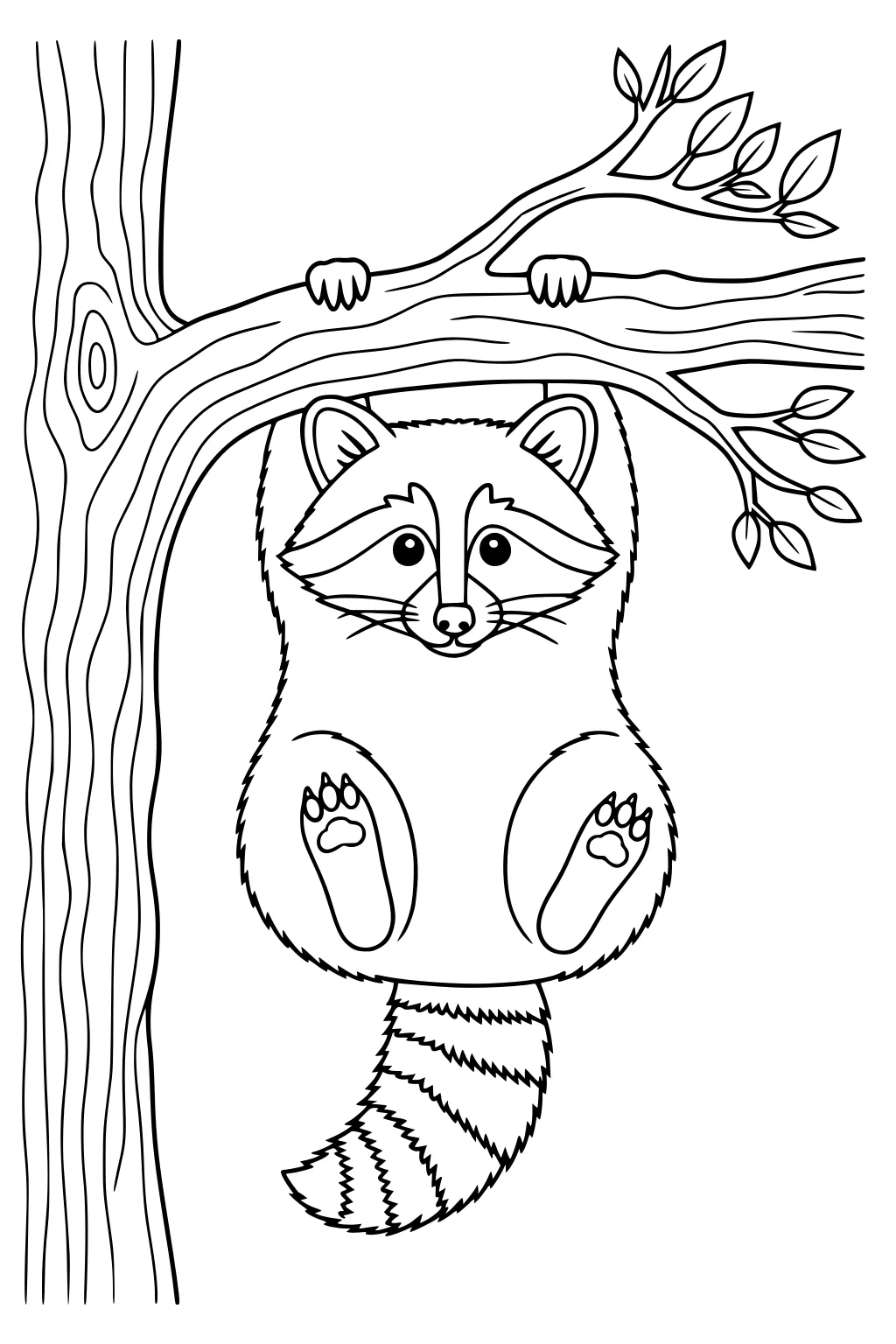 Raccoon hanging upside down from a tree branch, holding on with its front paws, tail curled, surrounded by leaves.