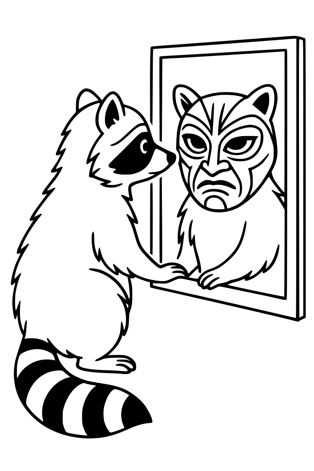 Raccoon standing on two legs touches a mirror, seeing a bold mask-like face reflected back.