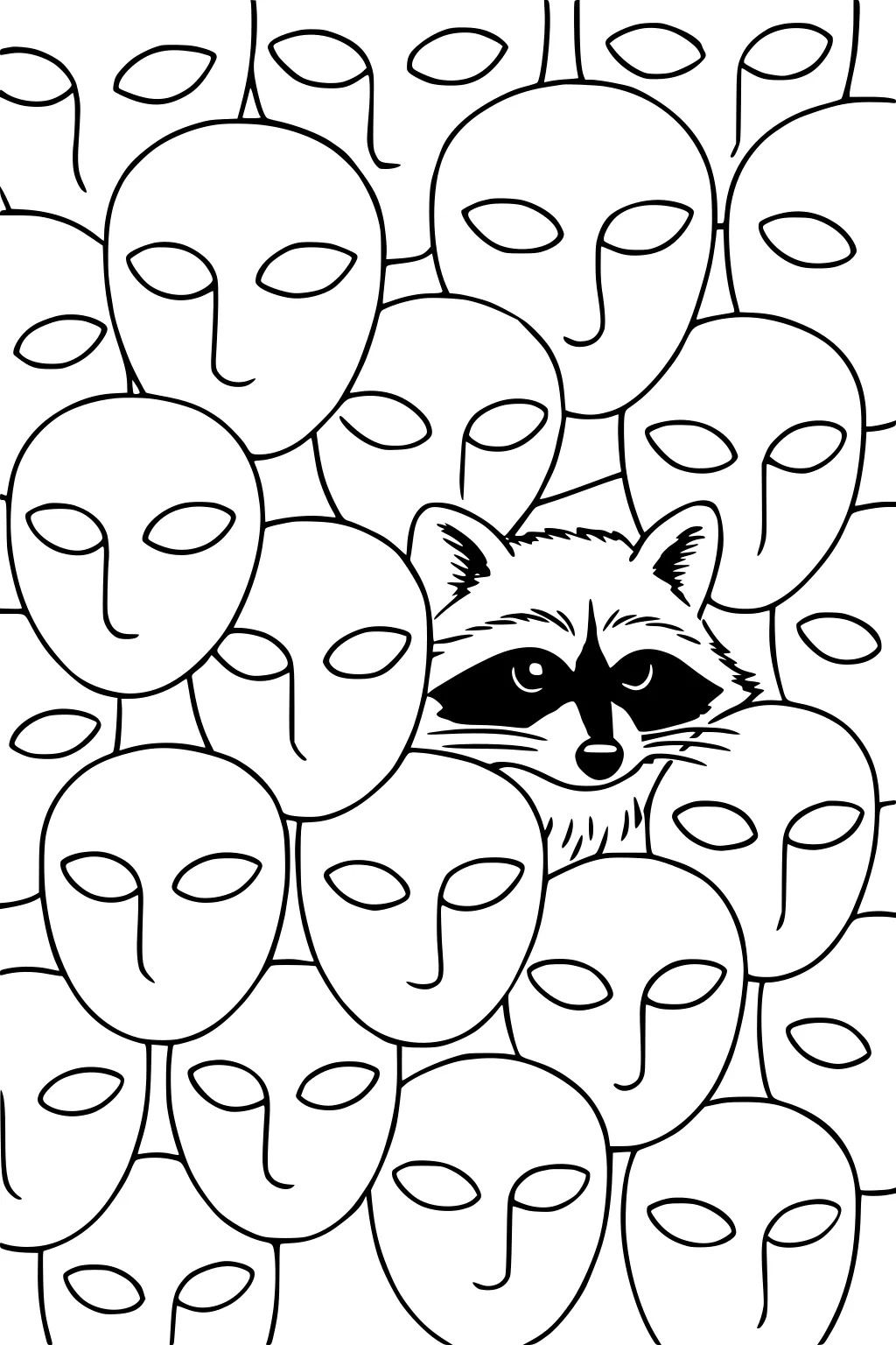 Raccoon face peeking out from a group of plain masks with empty oval eyes.