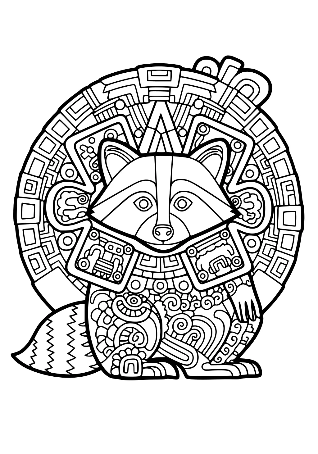 Raccoon with patterned fur and a background of circles, squares, and geometric designs.