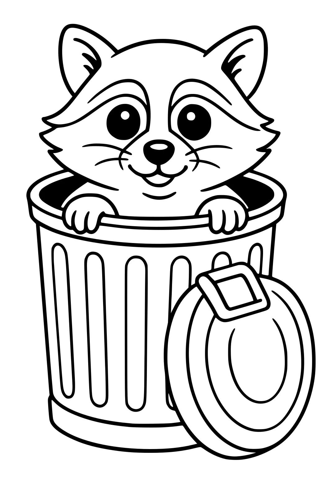 Raccoon with big eyes peeking from inside a trash can, lid leaning beside it.