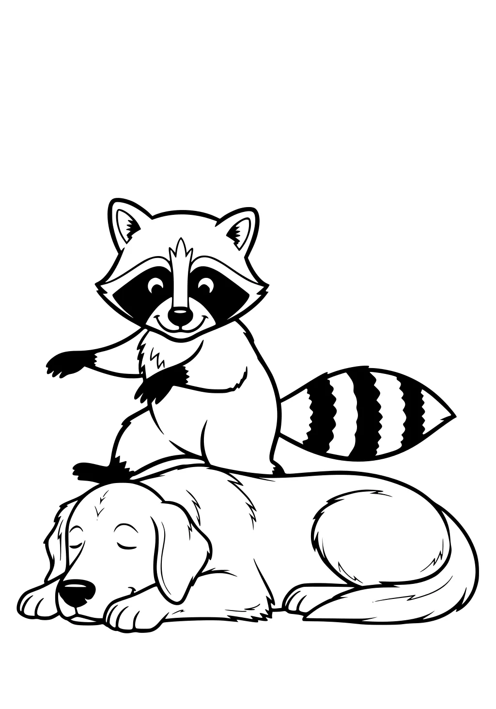 Raccoon with striped tail sits on top of a sleeping dog, both looking calm and friendly.