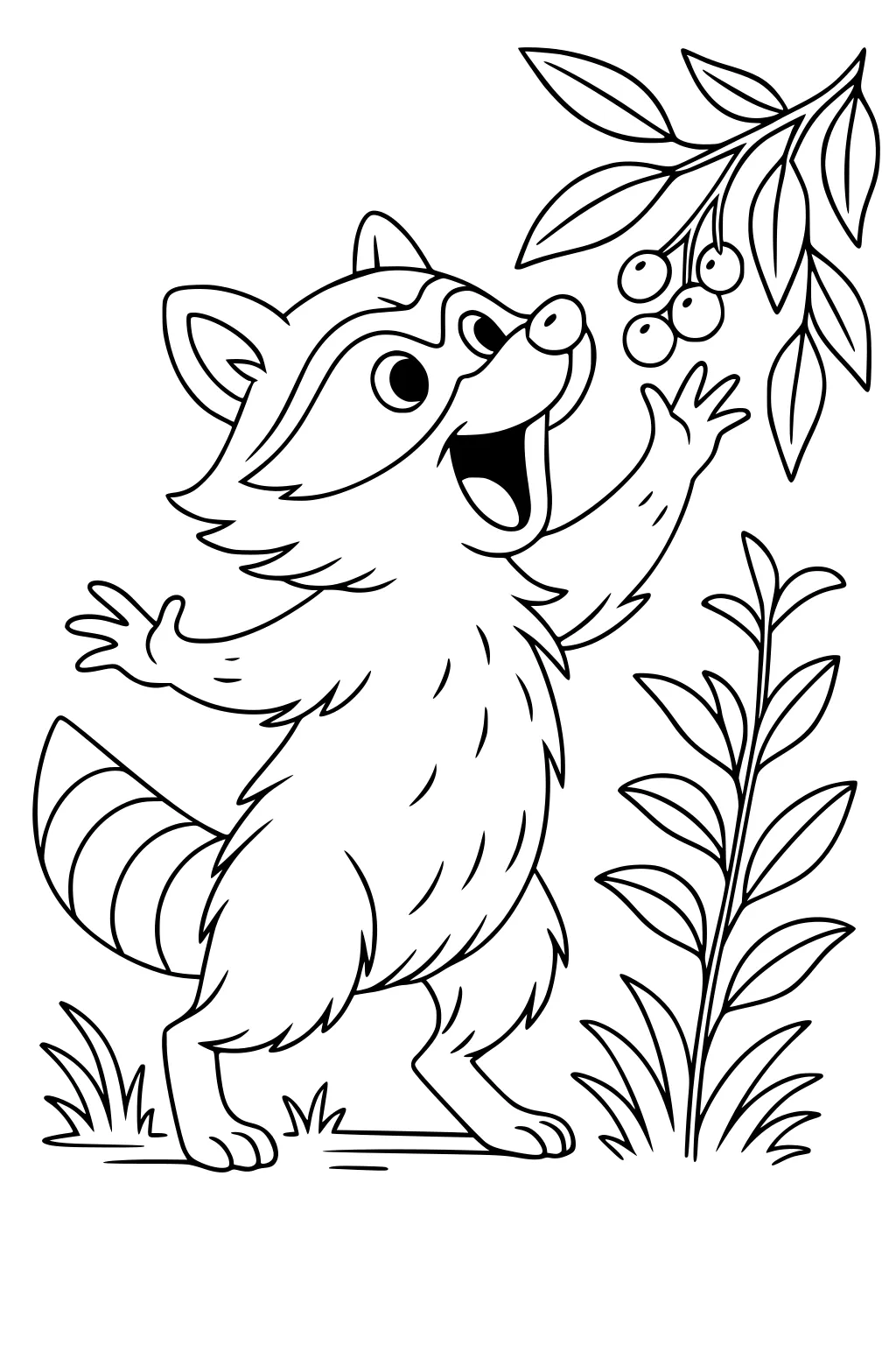 Raccoon reaching up to a branch with berries, mouth open, bushy tail, and leafy plants around him.