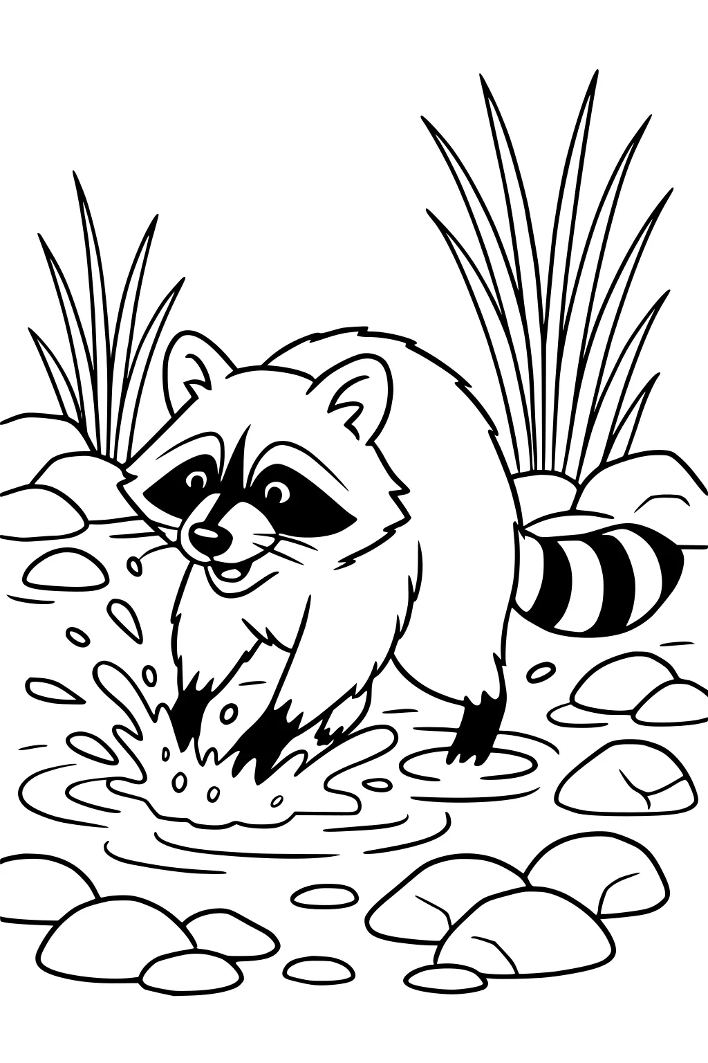 Raccoon splashing with front paws in a puddle, smiling, surrounded by rocks and tall grass.