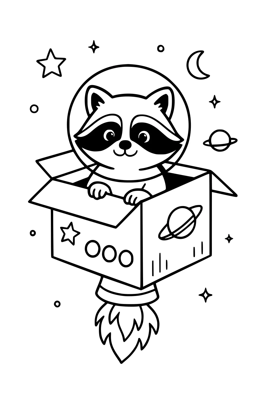 Raccoon wearing a helmet riding a cardboard box rocket ship surrounded by stars, planets, and a crescent moon.