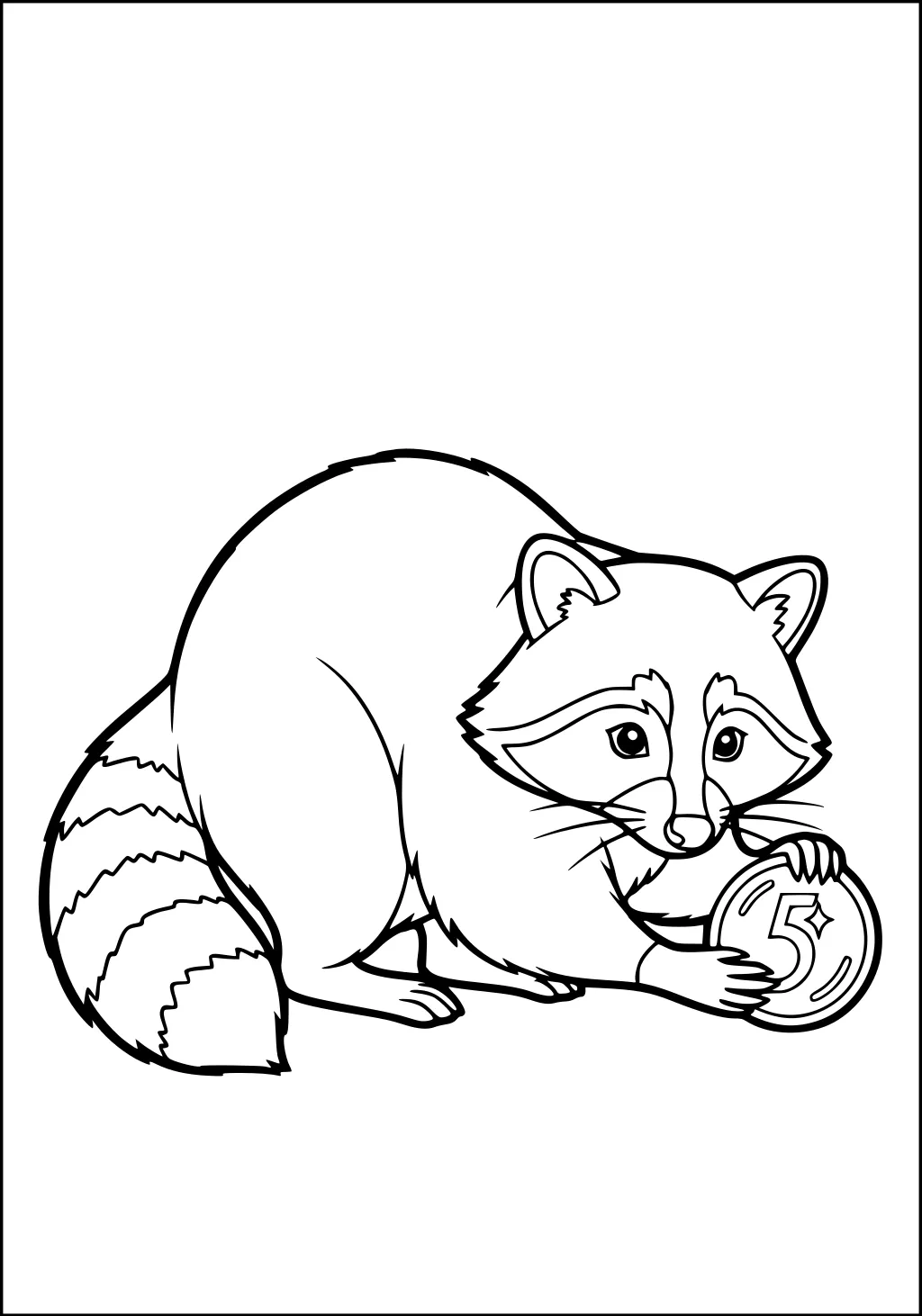 Raccoon crouching and holding a coin marked with the number five, fluffy tail with stripes, and masked face.