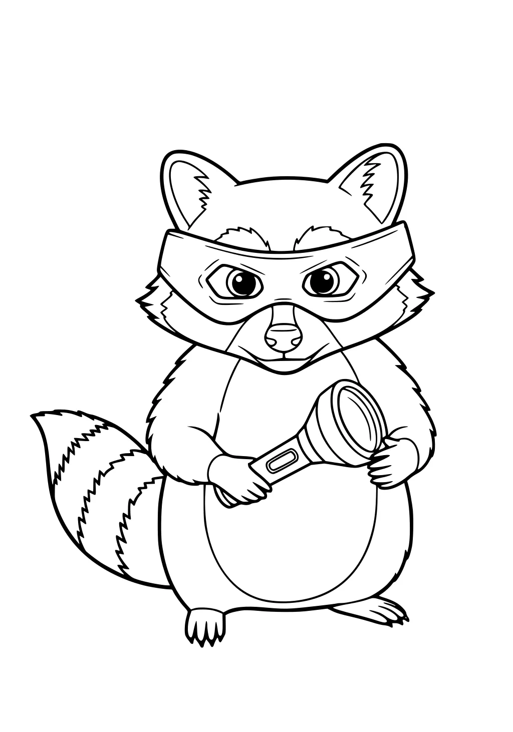 Cartoon raccoon holding a flashlight, with striped tail and mask-like face markings.