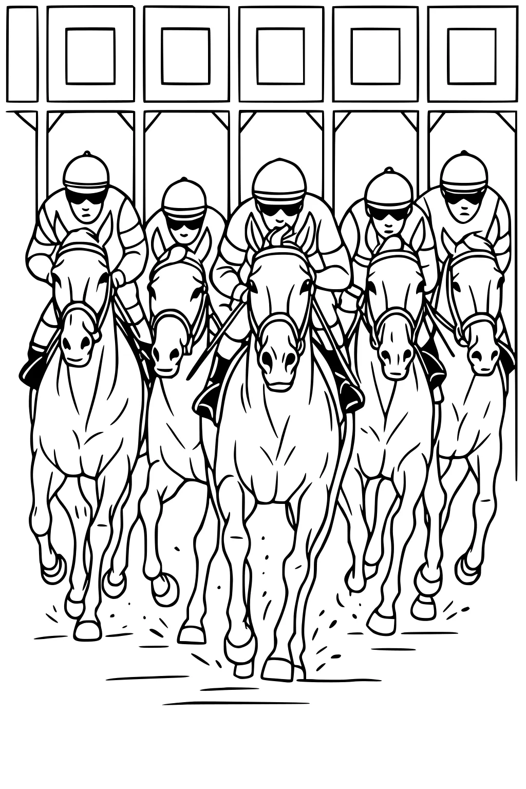 Five horses with riders in helmets racing forward from rectangular starting gates.
