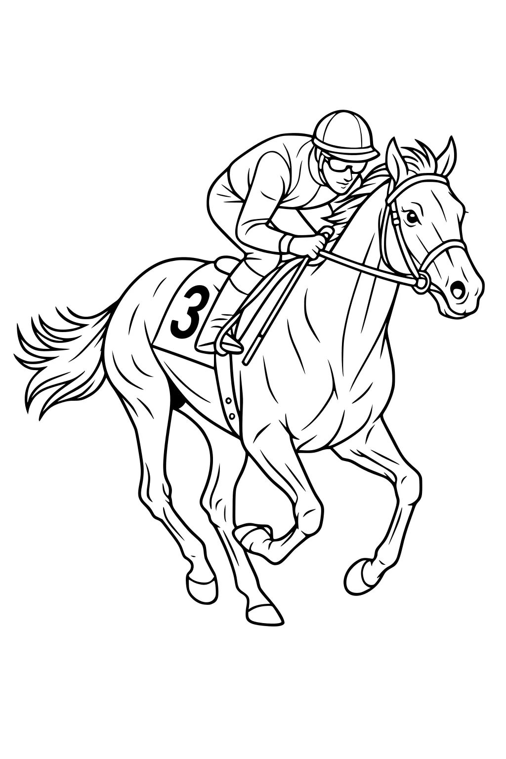 Jockey riding a number 3 racehorse at full gallop, both wearing racing gear.