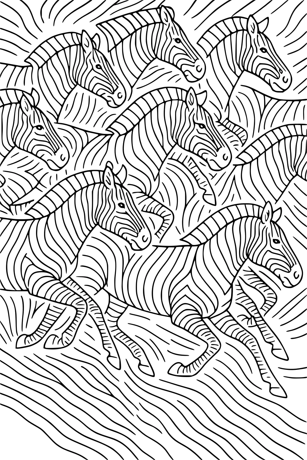 Line art of zebras running right, with bold curved stripes and wavy background lines that show fast motion across the savanna.