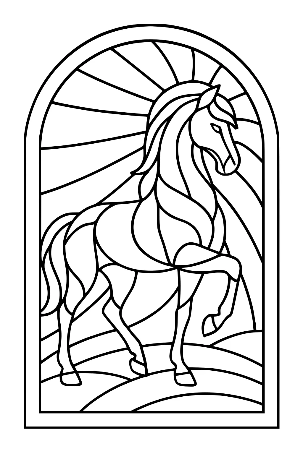 Outlined horse with lifted hoof, flowing mane, rays and hills in arched window frame.