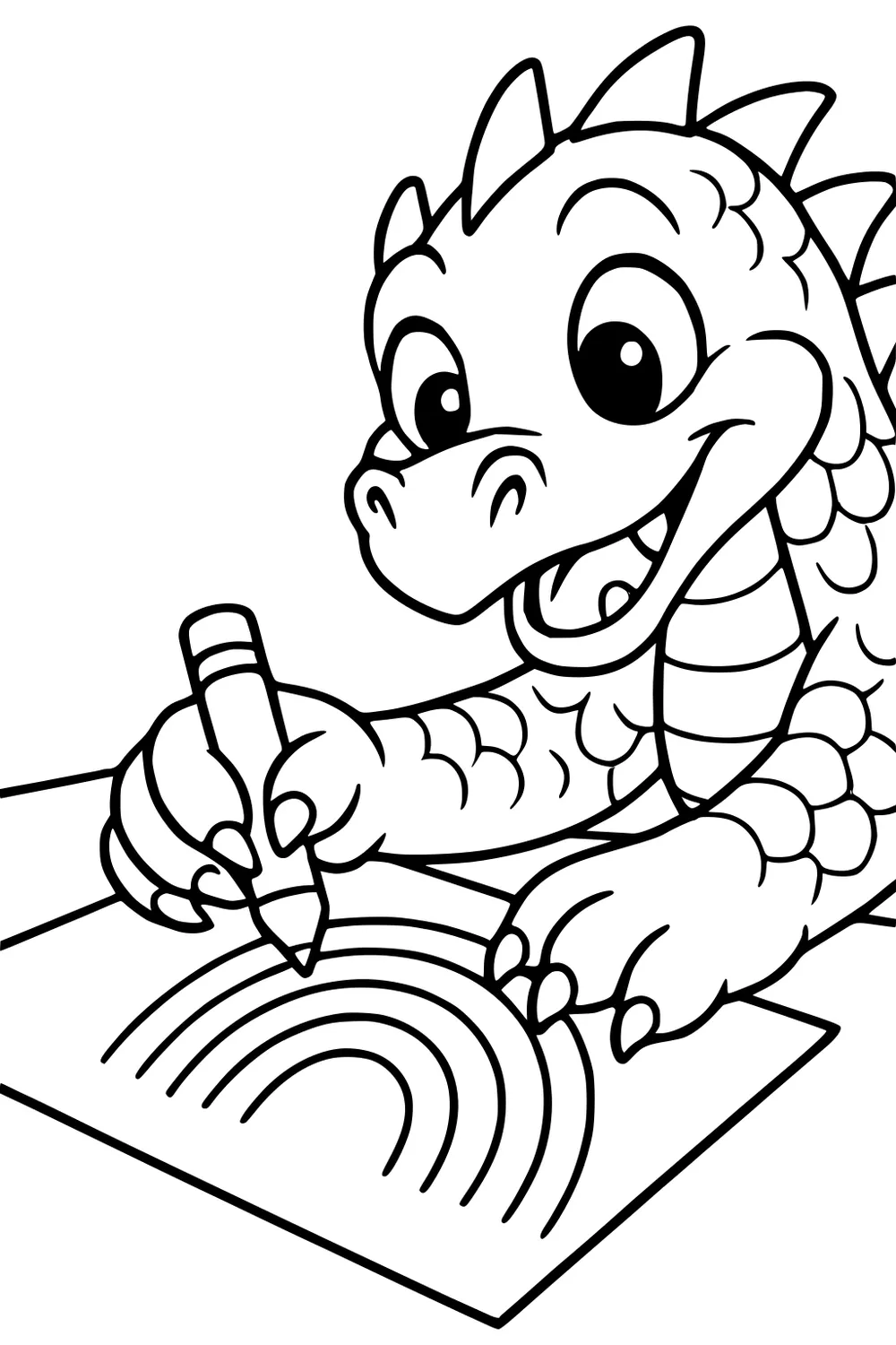 Cartoon baby dragon drawing a rainbow with a crayon, smiling with big eyes, scales and spikes, paws on paper at a table.