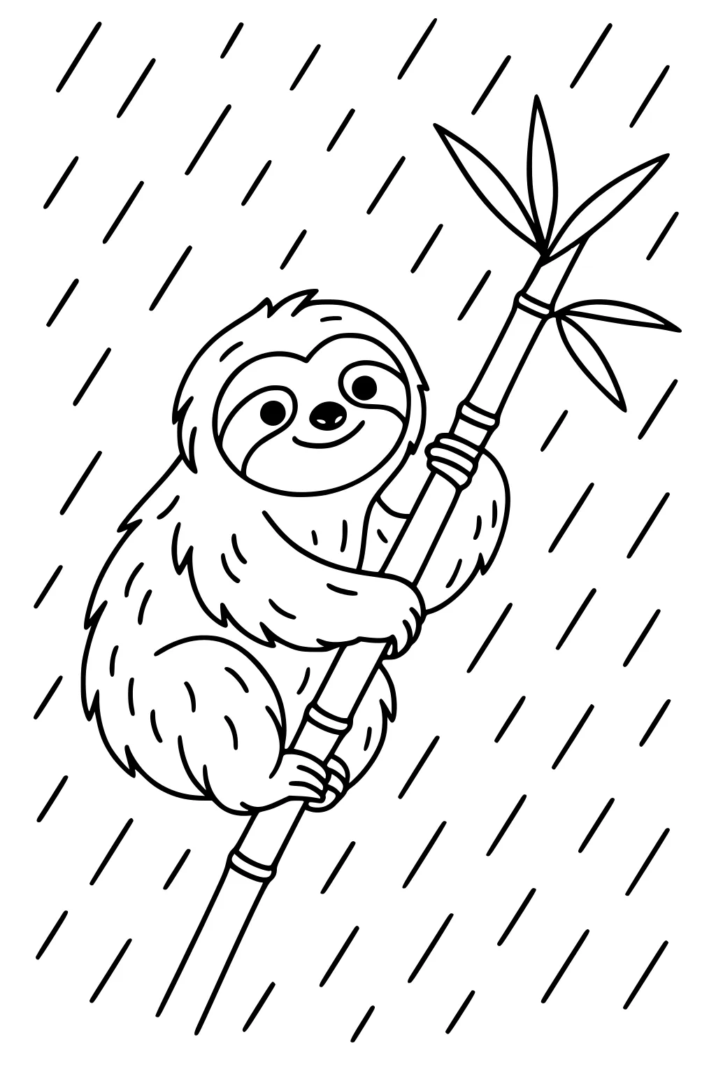 A sloth clings to a bamboo stalk as rain falls. The sloth is smiling, and bamboo leaves are above his head.