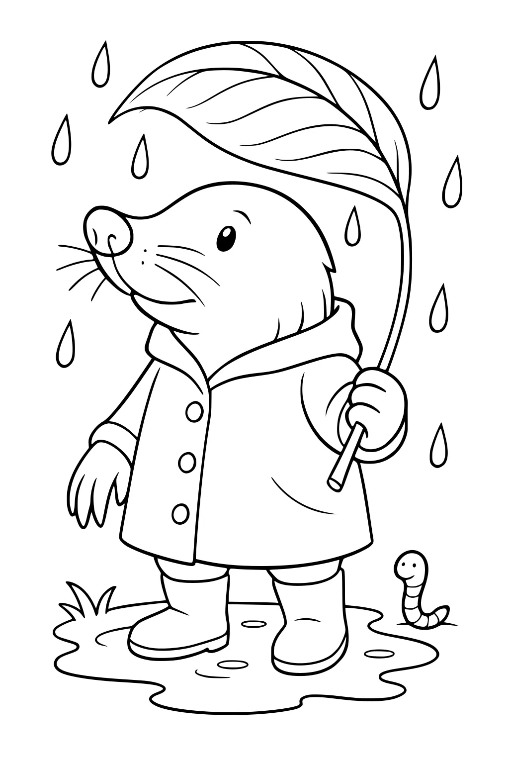 Mole in a raincoat holding a big leaf over his head like an umbrella, standing in a puddle with a smiling worm beside him.