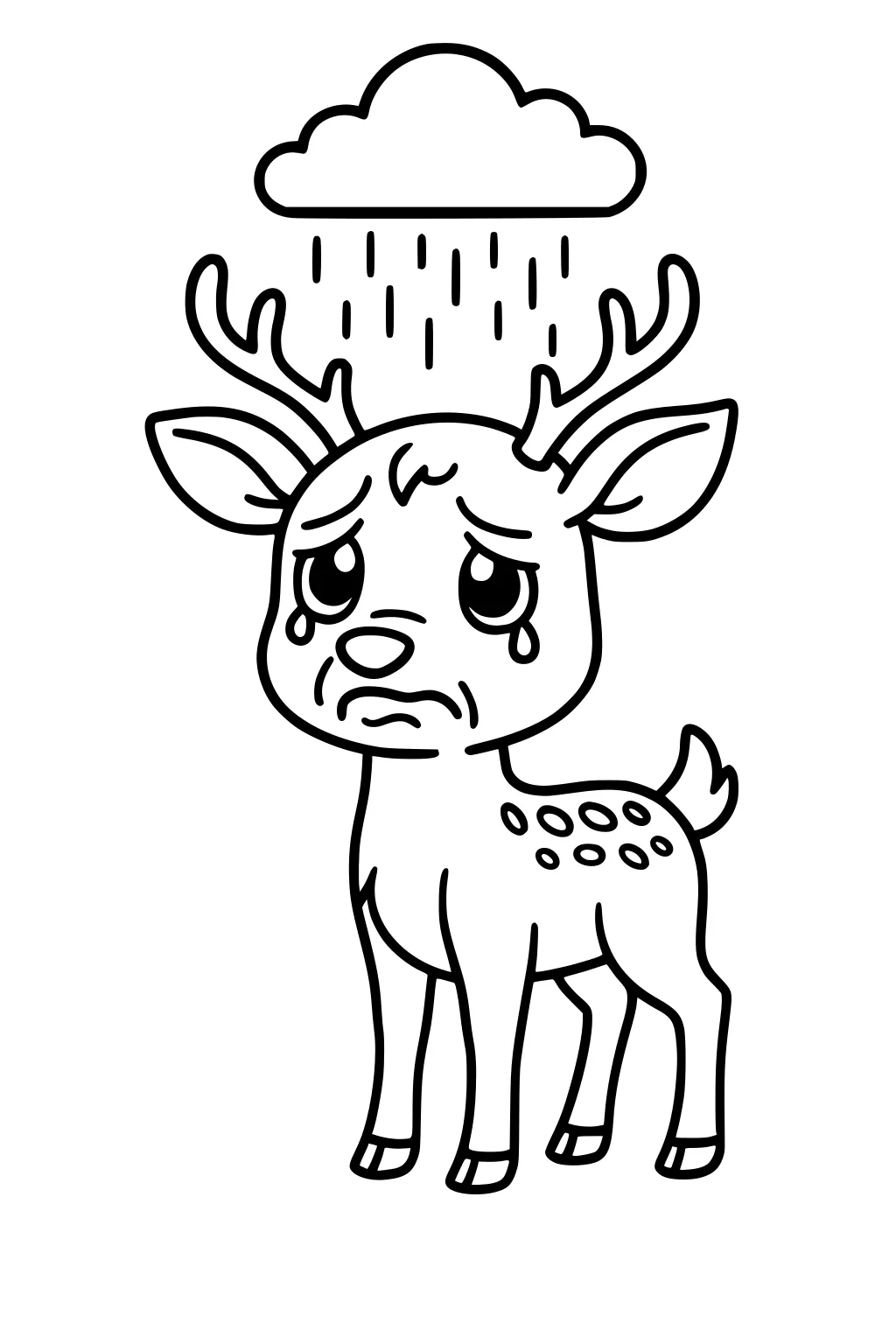 Sad baby deer with antlers stands under a rain cloud, tears in its eyes, simple outlined drawing for coloring.