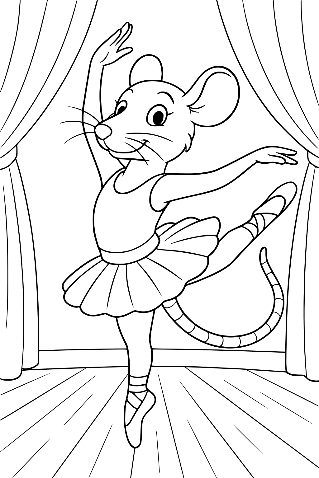 Cartoon ballerina rat on tiptoe in tutu, arms raised, on stage with floorboards and open curtains.