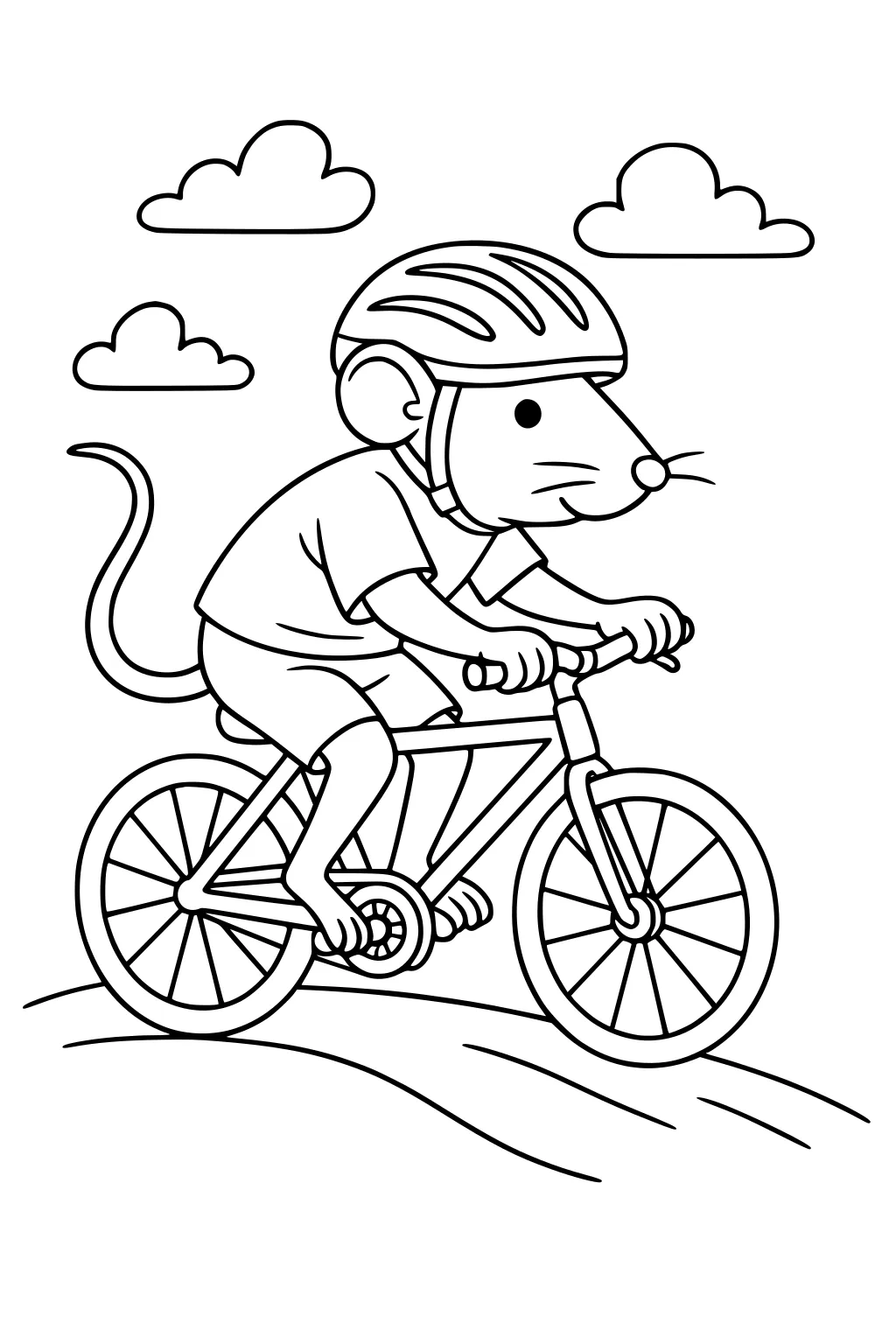 Rat in helmet and t-shirt riding a bicycle uphill with three clouds above.