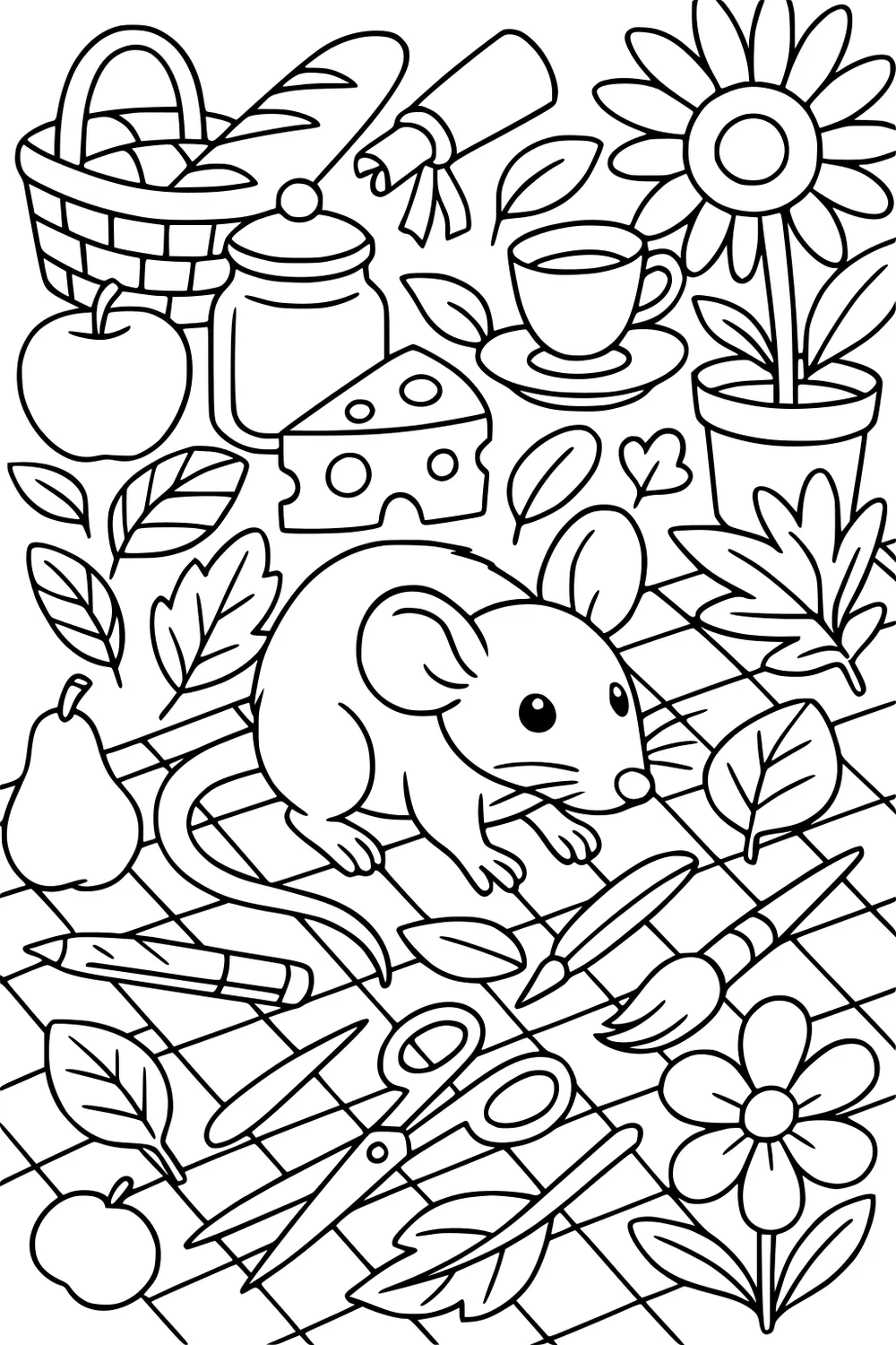 Rat on picnic blanket with cheese, fruit, flowers, basket, tea cup, and scattered art supplies.