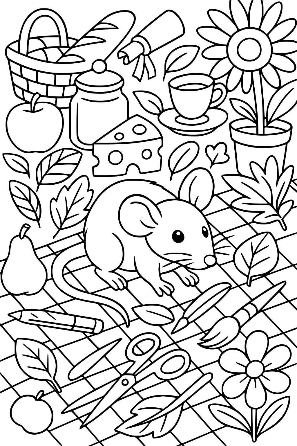 Rat on picnic blanket with cheese, fruit, flowers, basket, tea cup, and scattered art supplies.