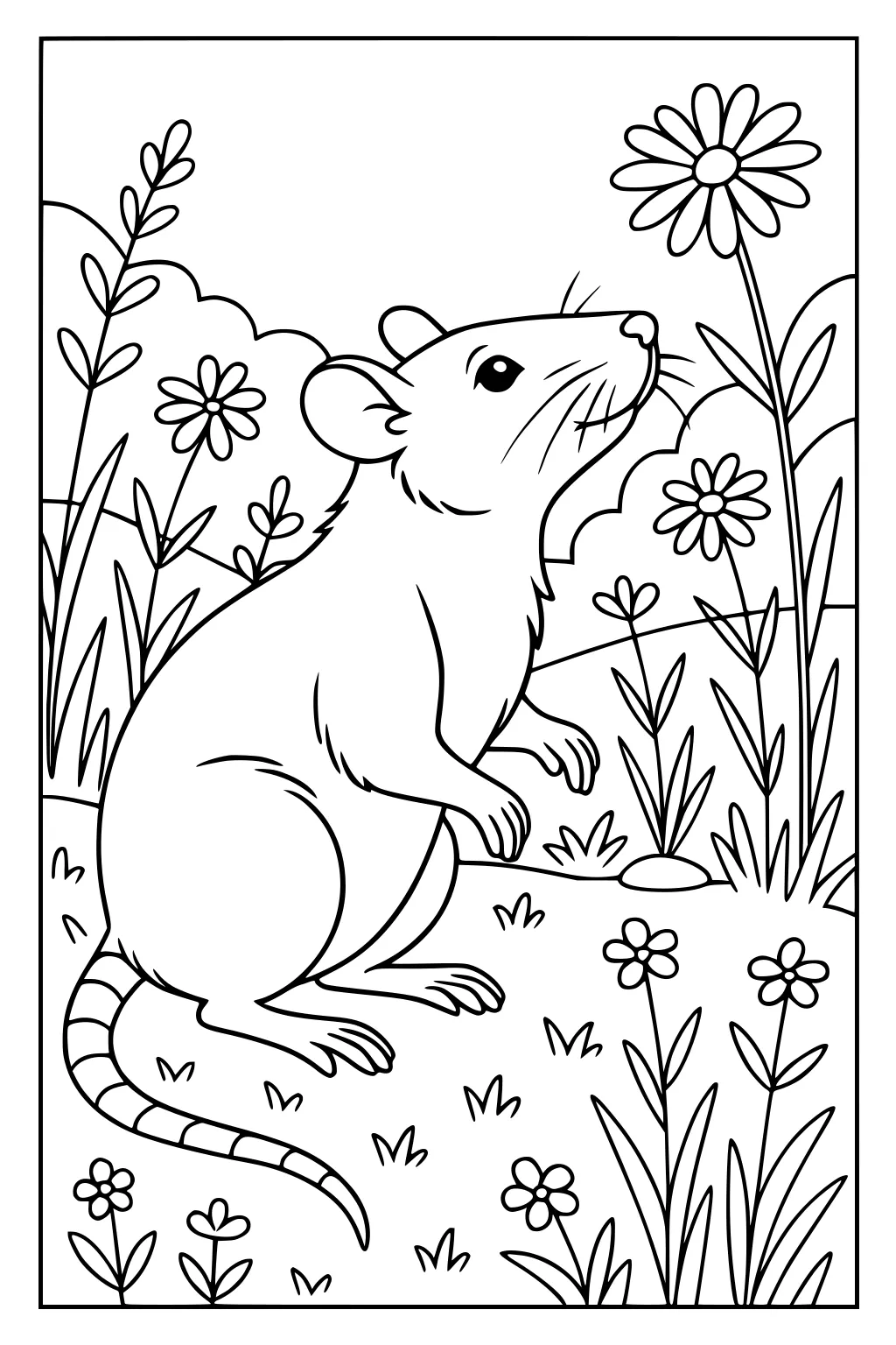 A rat with a long tail sits on grass, surrounded by tall flowers and plants, looking up at a big daisy.