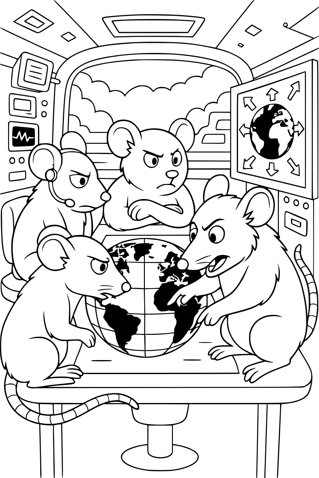Four rats around a globe in a sci-fi control room with screens and buttons, looking serious as they plan together.