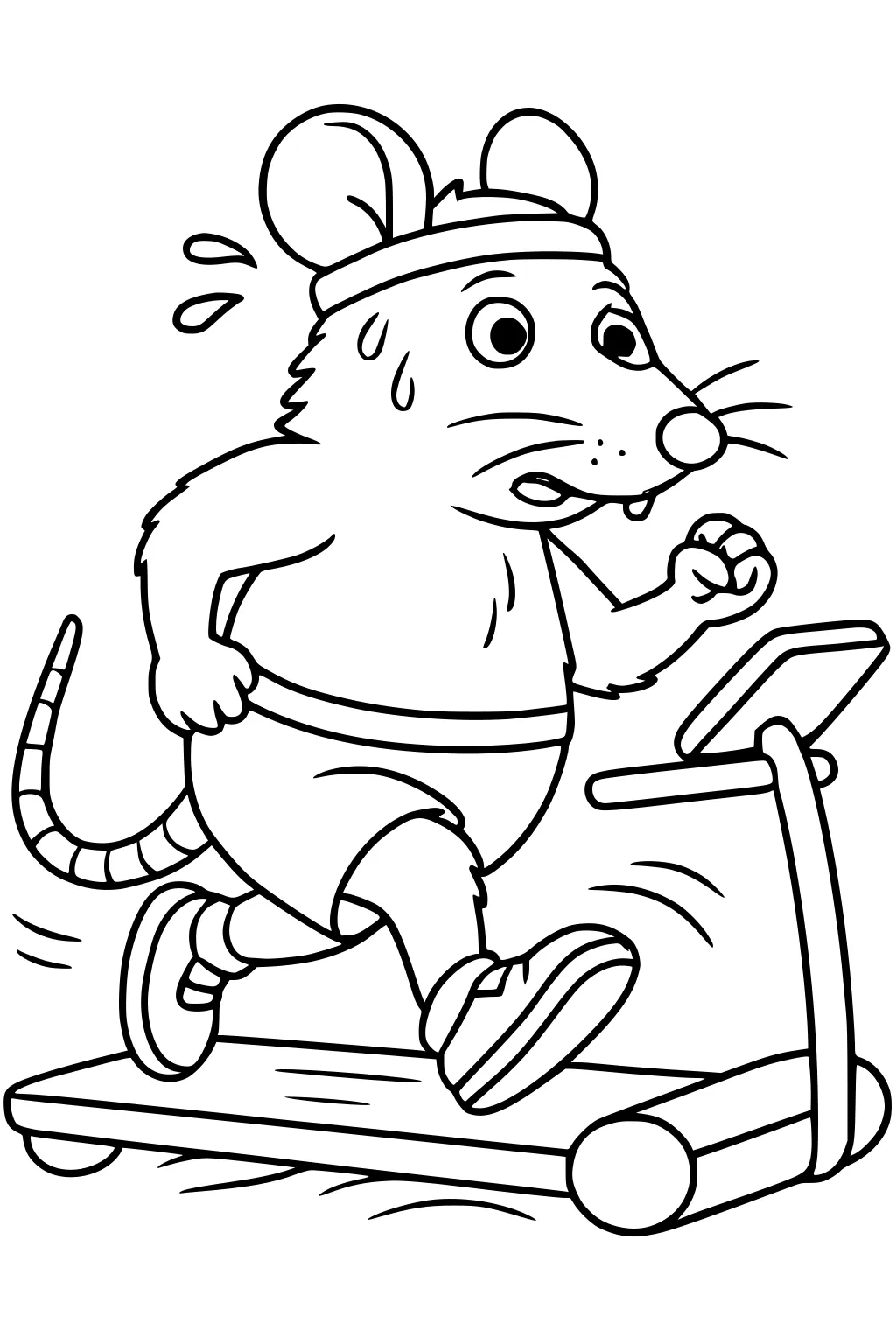 Cartoon rat in shorts and headband jogging on a treadmill with sweat flying and an energetic expression.