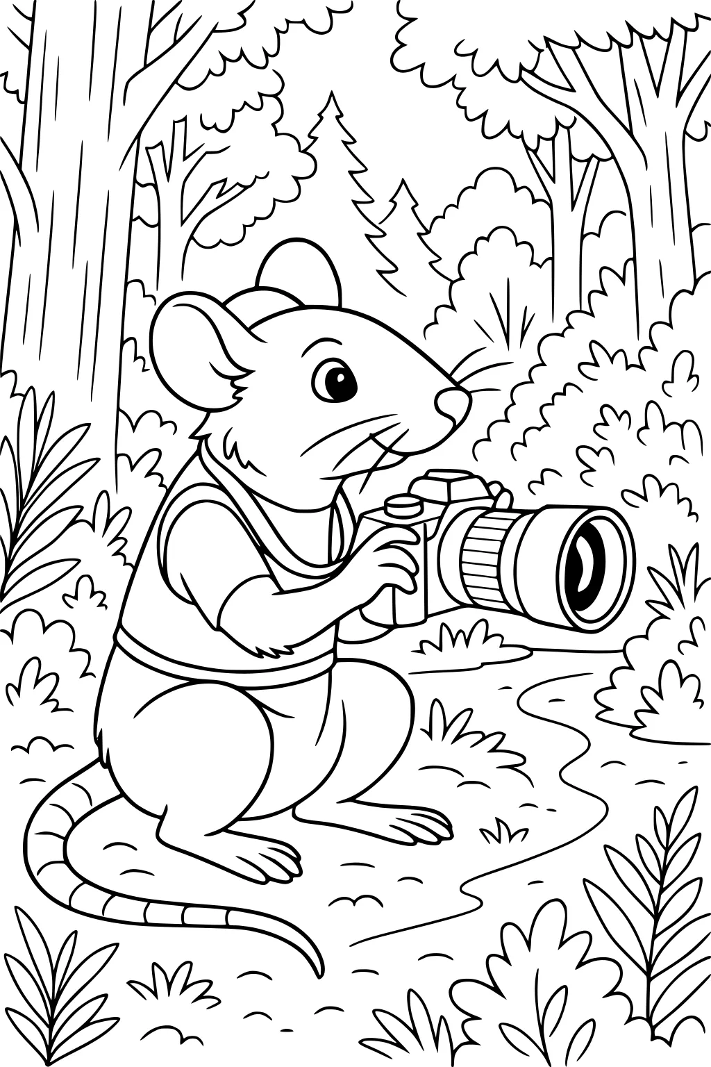 Mouse wearing a vest and holding a camera, crouched on a forest path with trees and bushes all around.