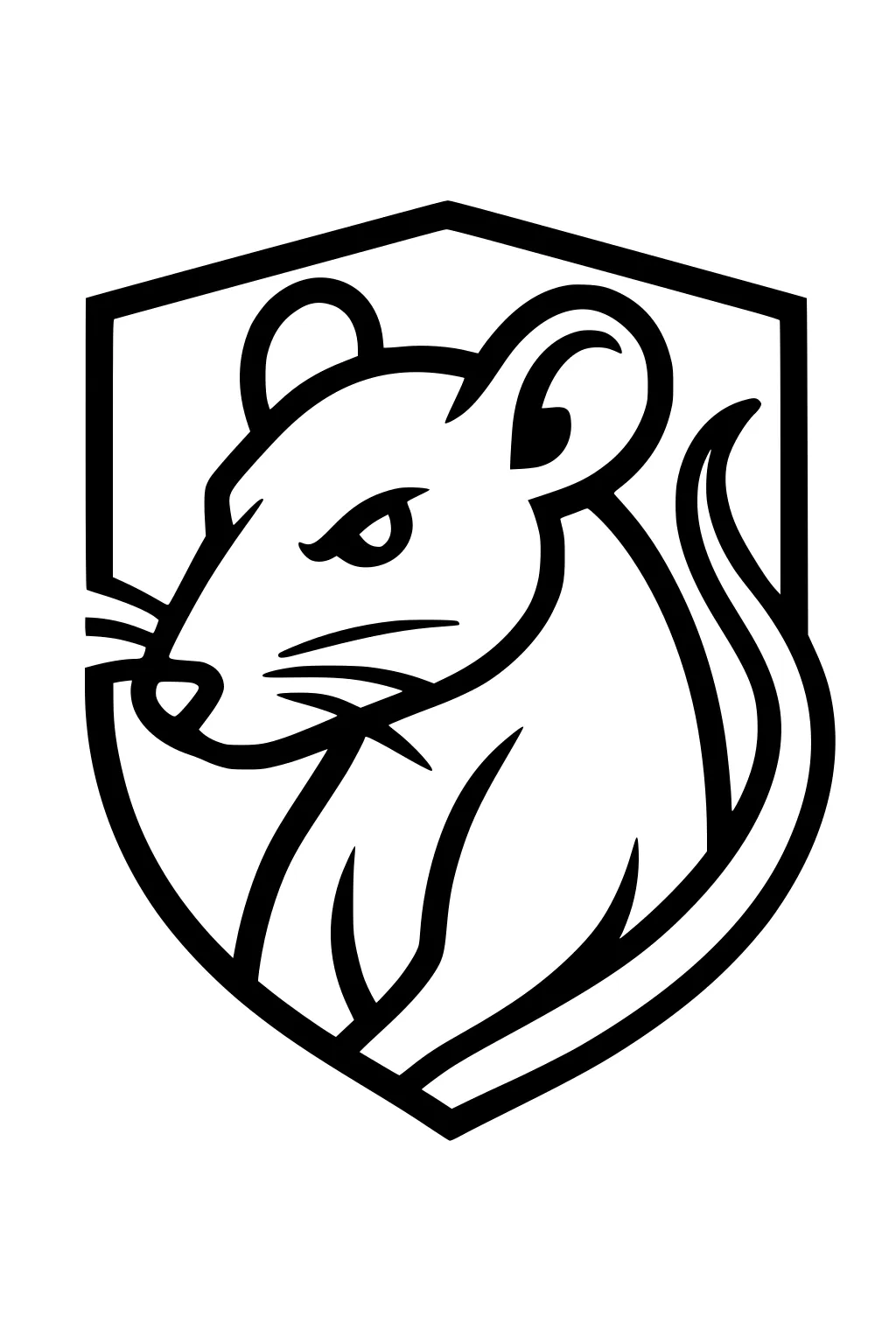Line drawing of a rat with curved tail inside a shield outline, looking forward with upright ears and whiskers.