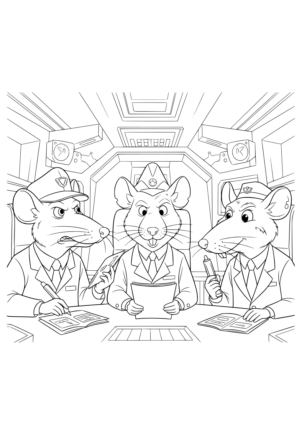 Three rats in uniforms sit at a desk covered in papers and books surrounded by control room monitors and equipment.