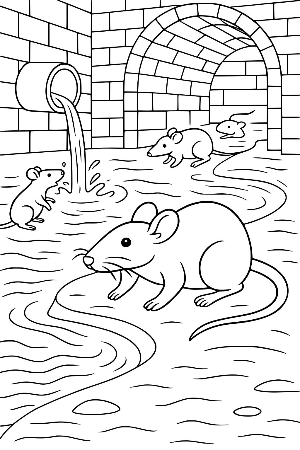 Four rats in a brick tunnel with running water and an archway in the background.