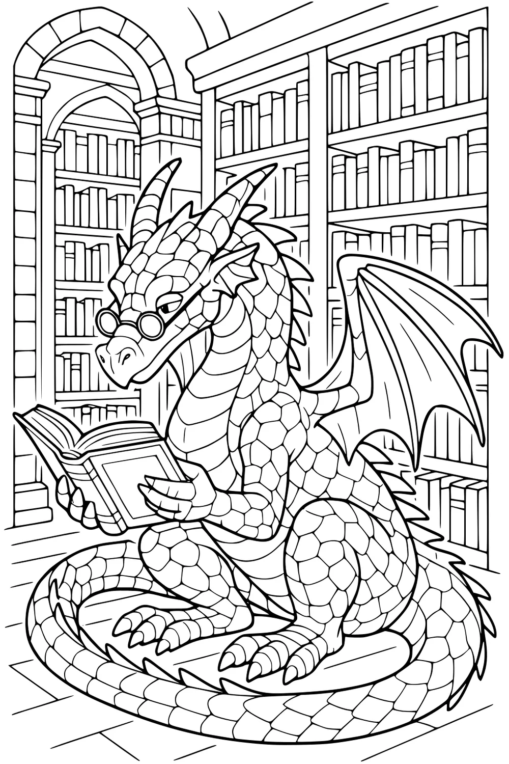 Dragon with glasses reads a book in a stone-arched library, wings folded, tail curled on tile, tall shelves filled with books.